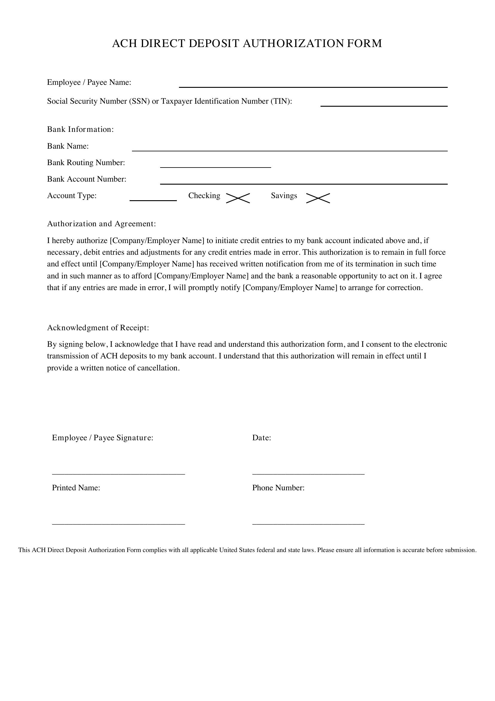 Ach Direct Deposit Form Template - US