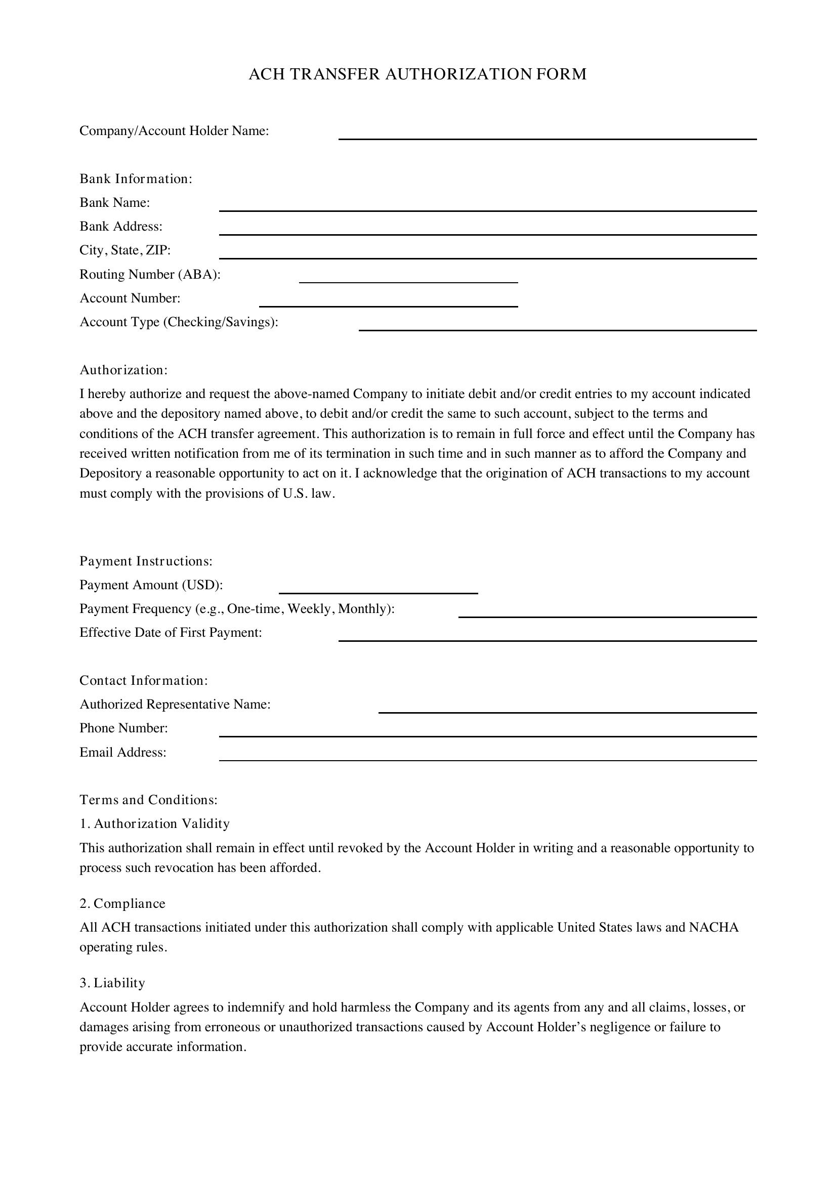 Ach Transfer Form Template - US