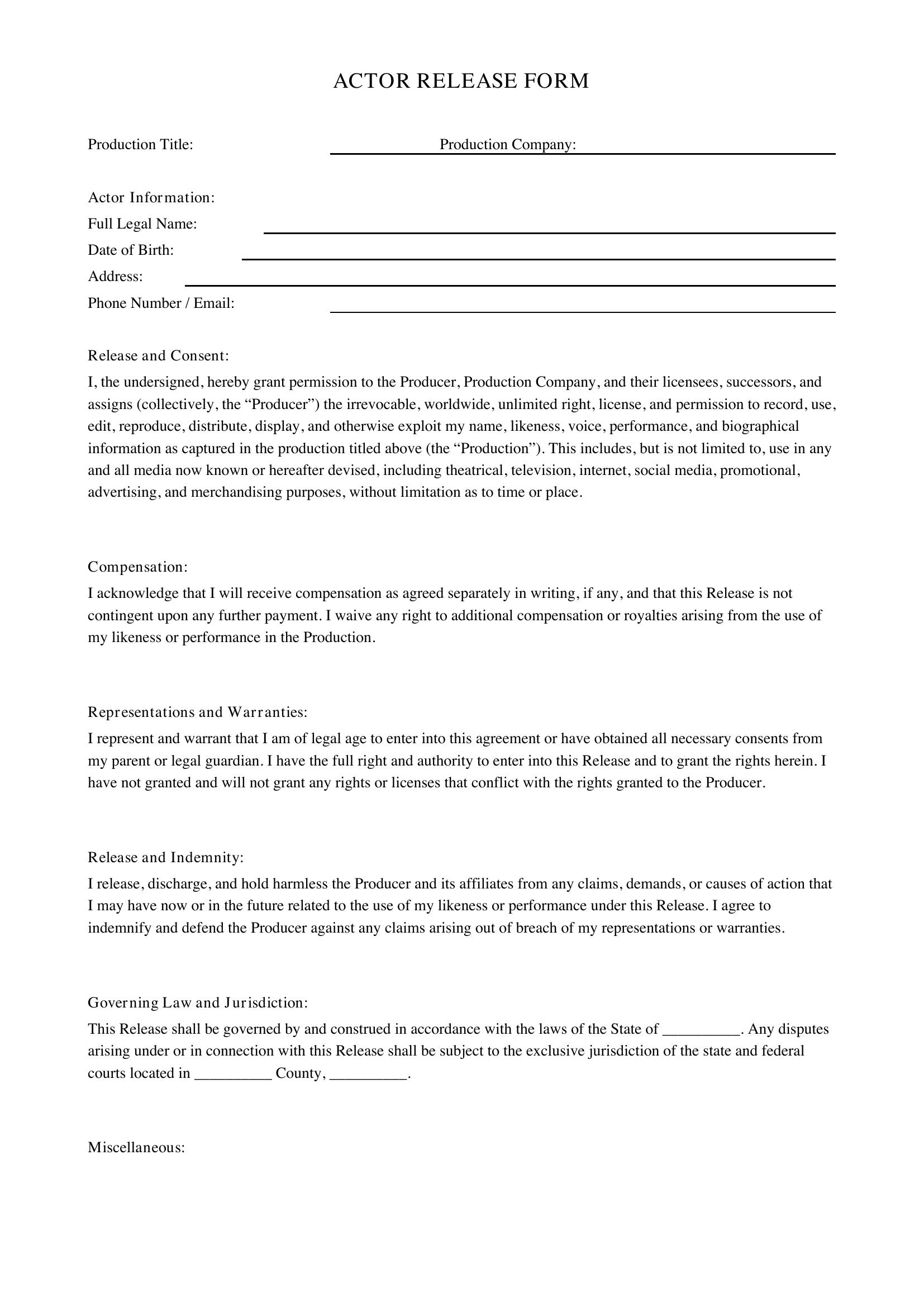Actor Release Form Template - US