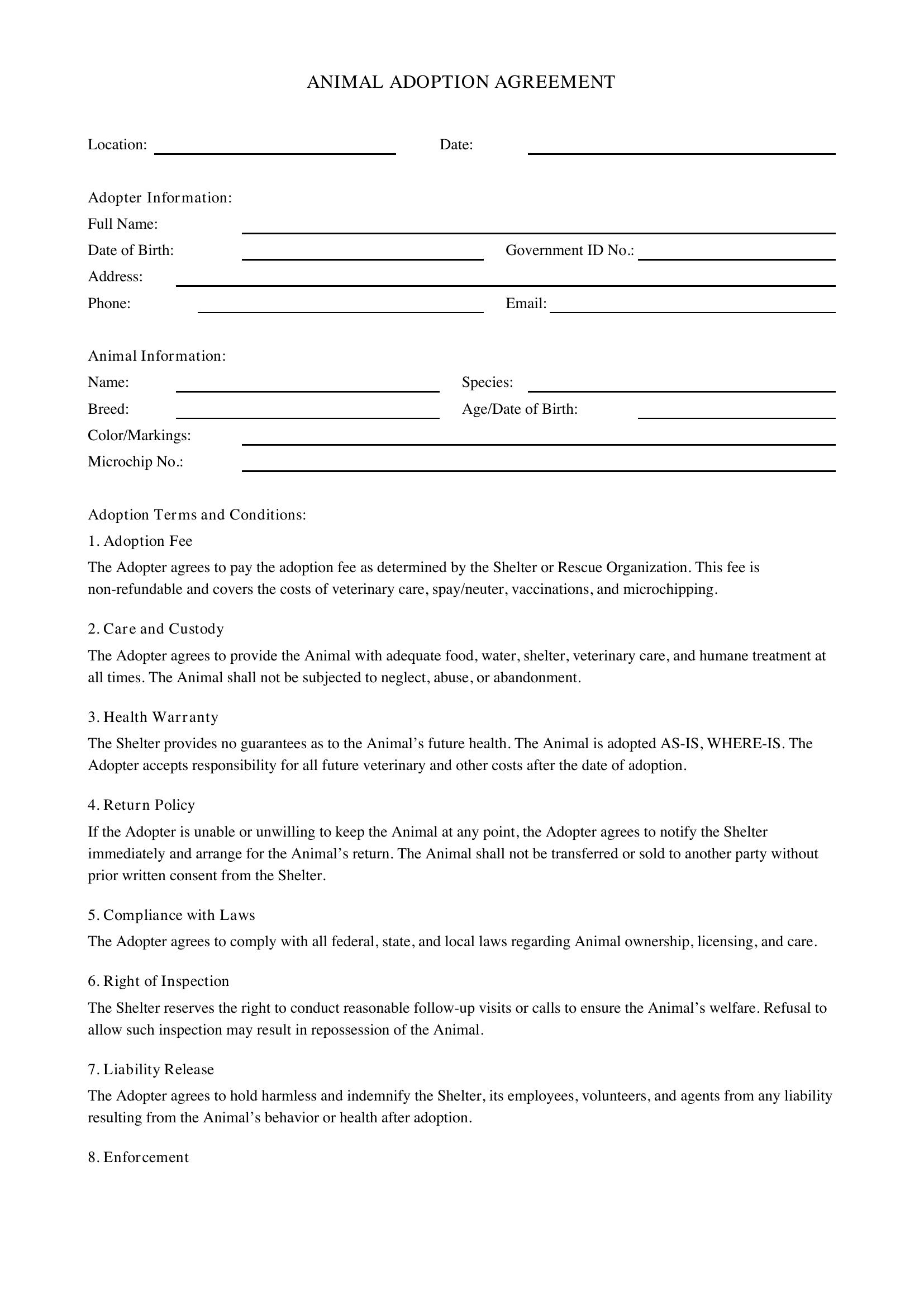 Adoption Form Template - US