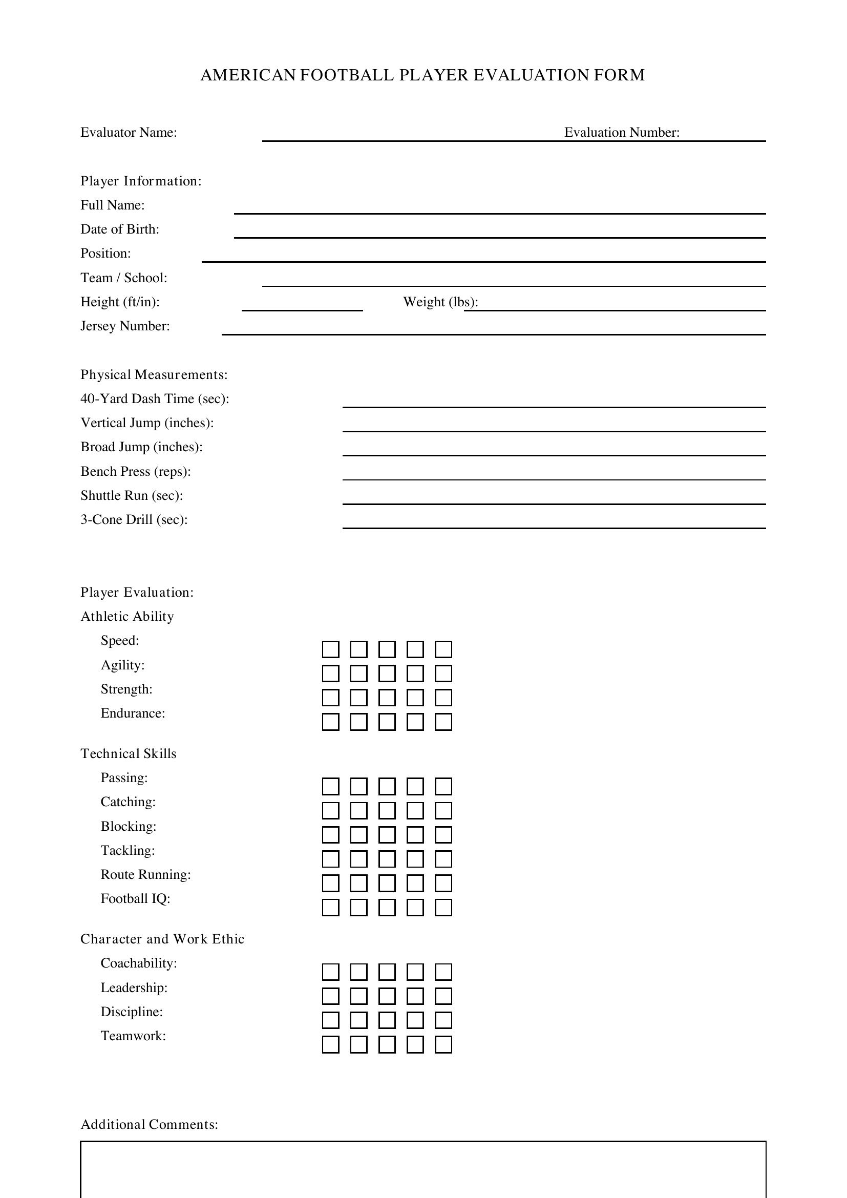 American Football Player Evaluation Form Template - US