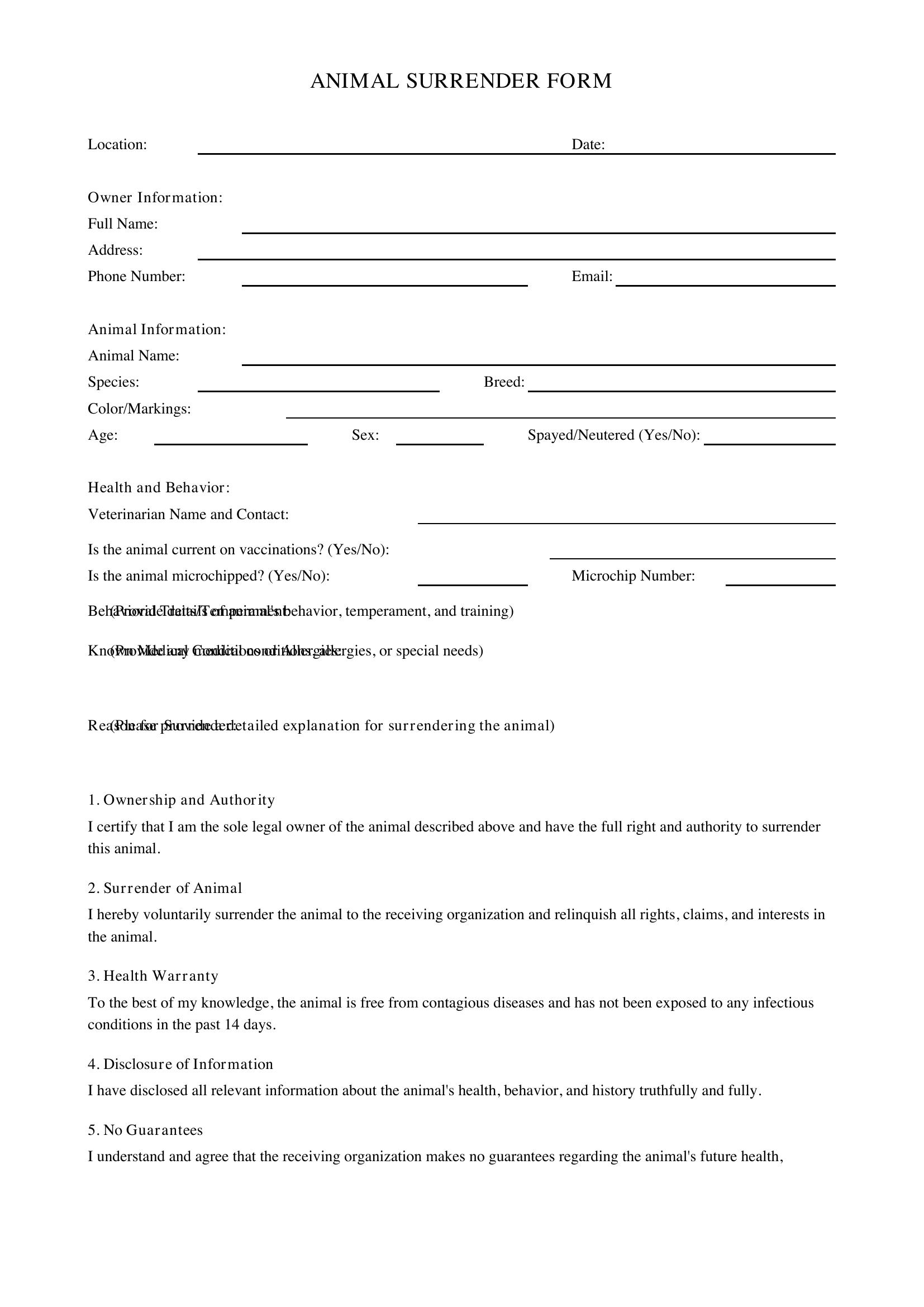 Animal Surrender Form Template - US
