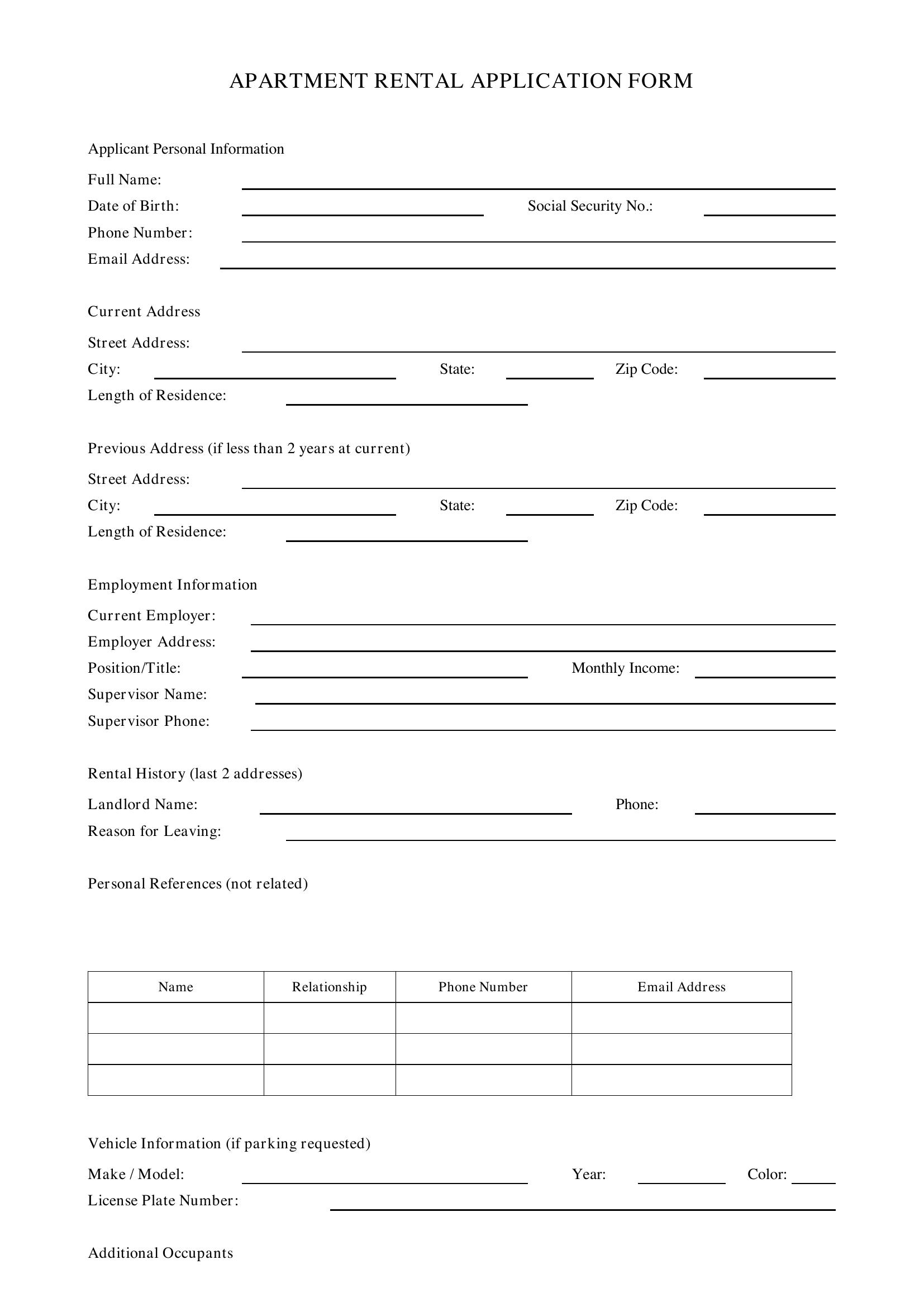 Apartment Rental Application Form Template - US