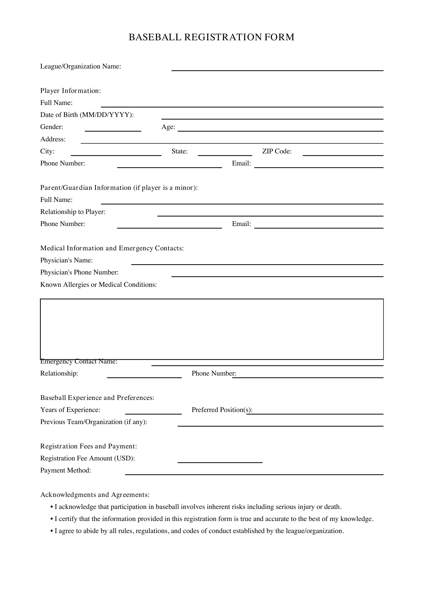 Baseball Registration Form Template - US