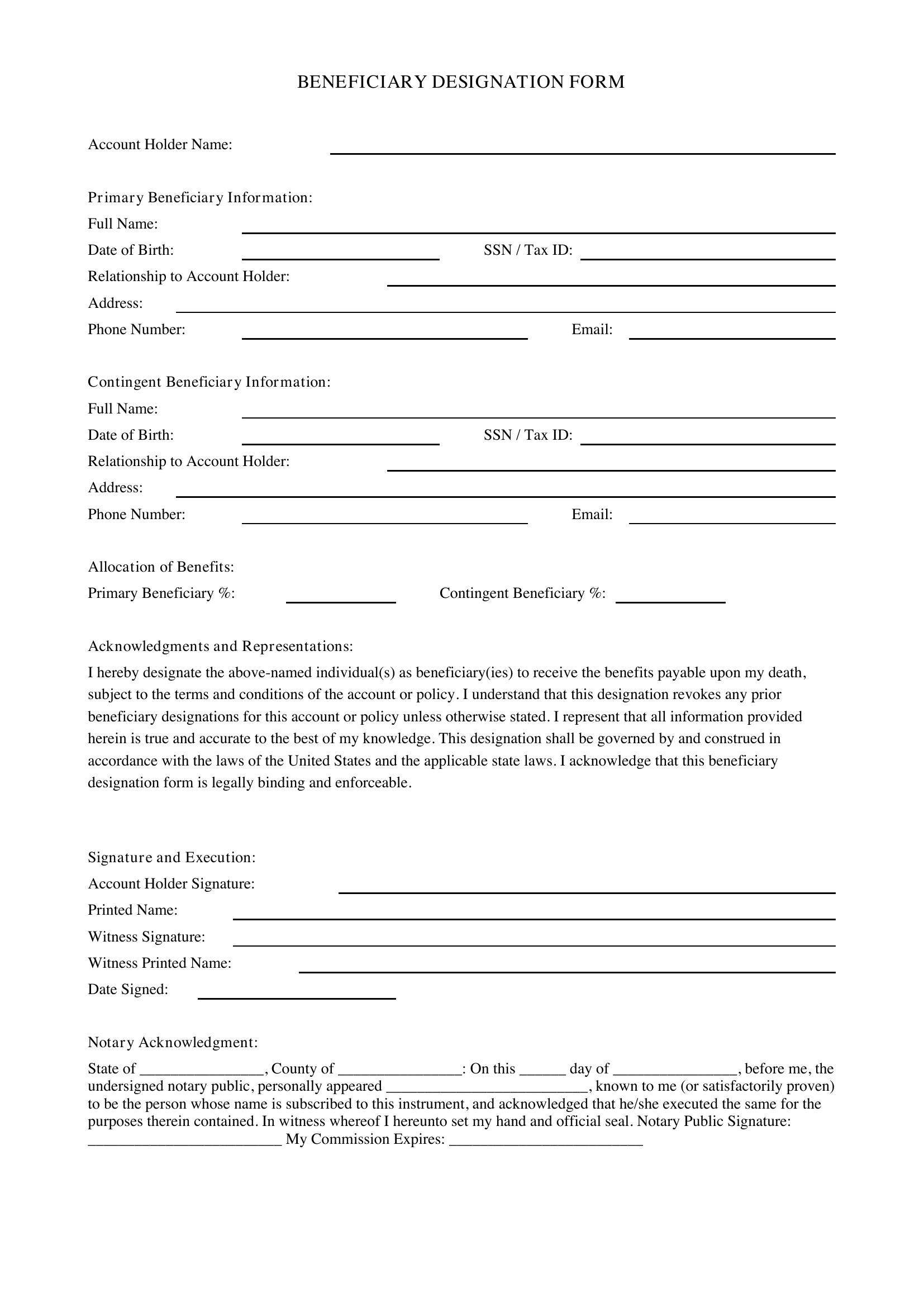 Beneficiary Form Template - US