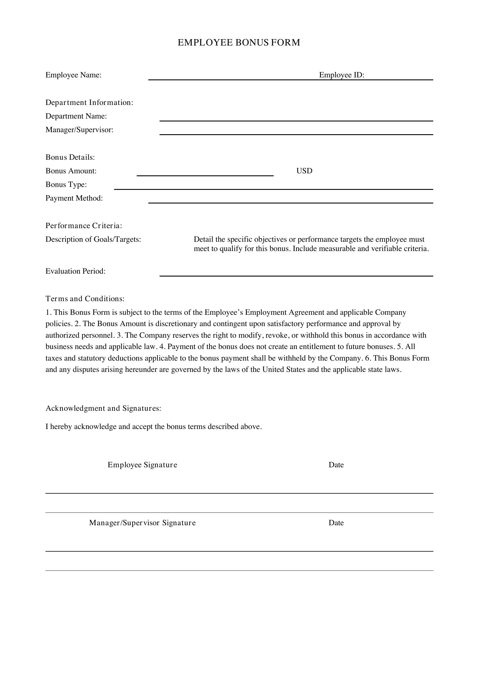 Bonus Form Template - US