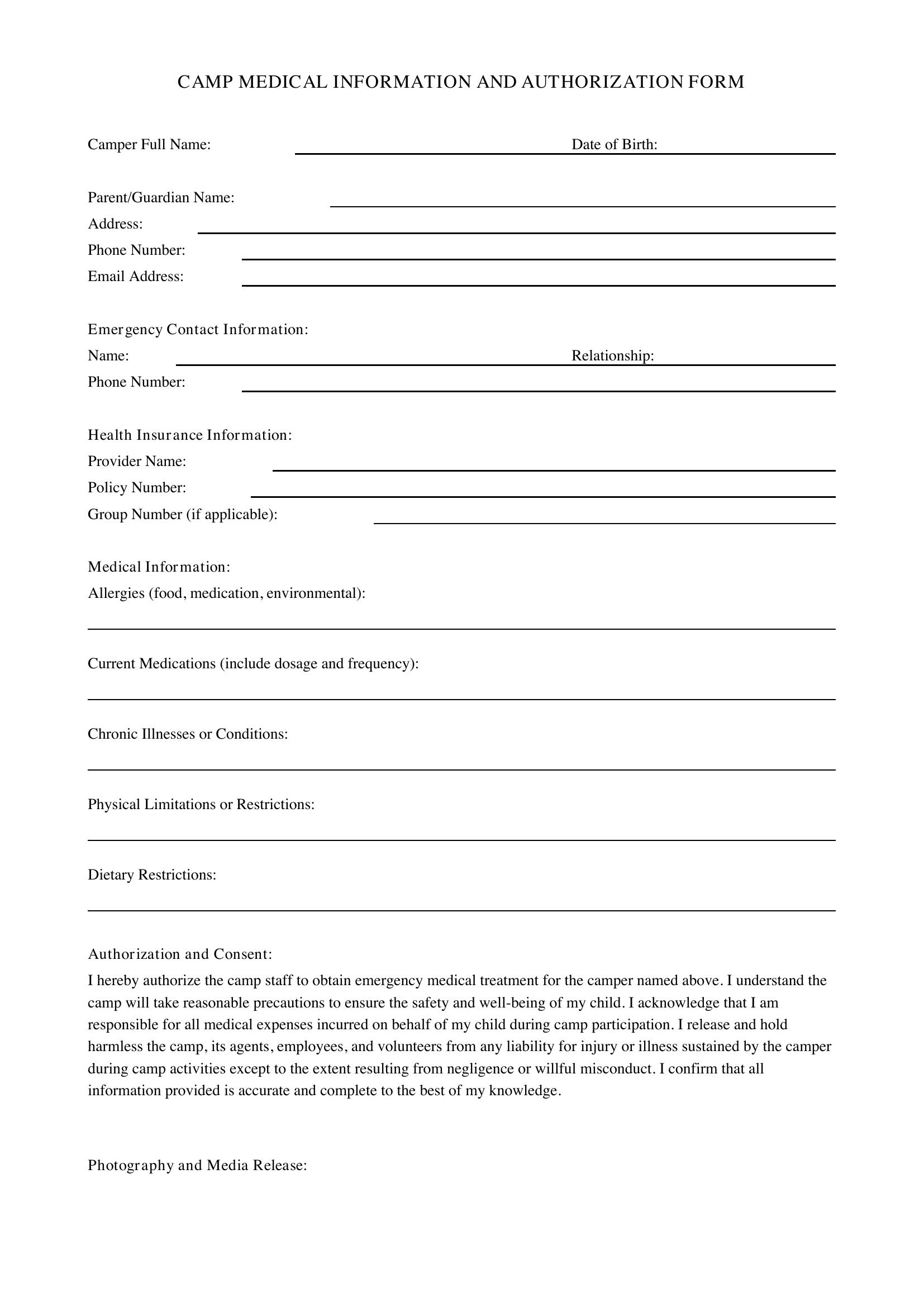Camp Medical Form Template - US