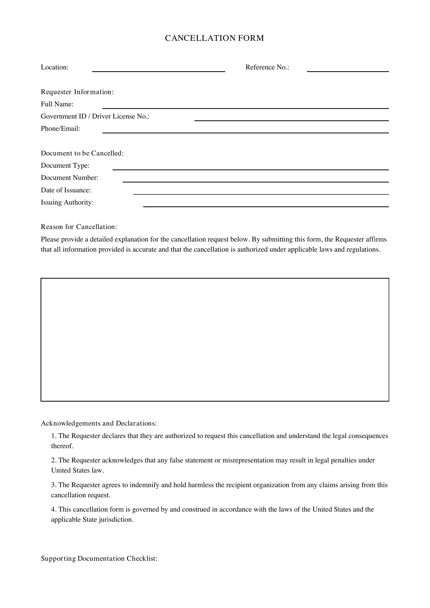 Cancellation Form Template - US