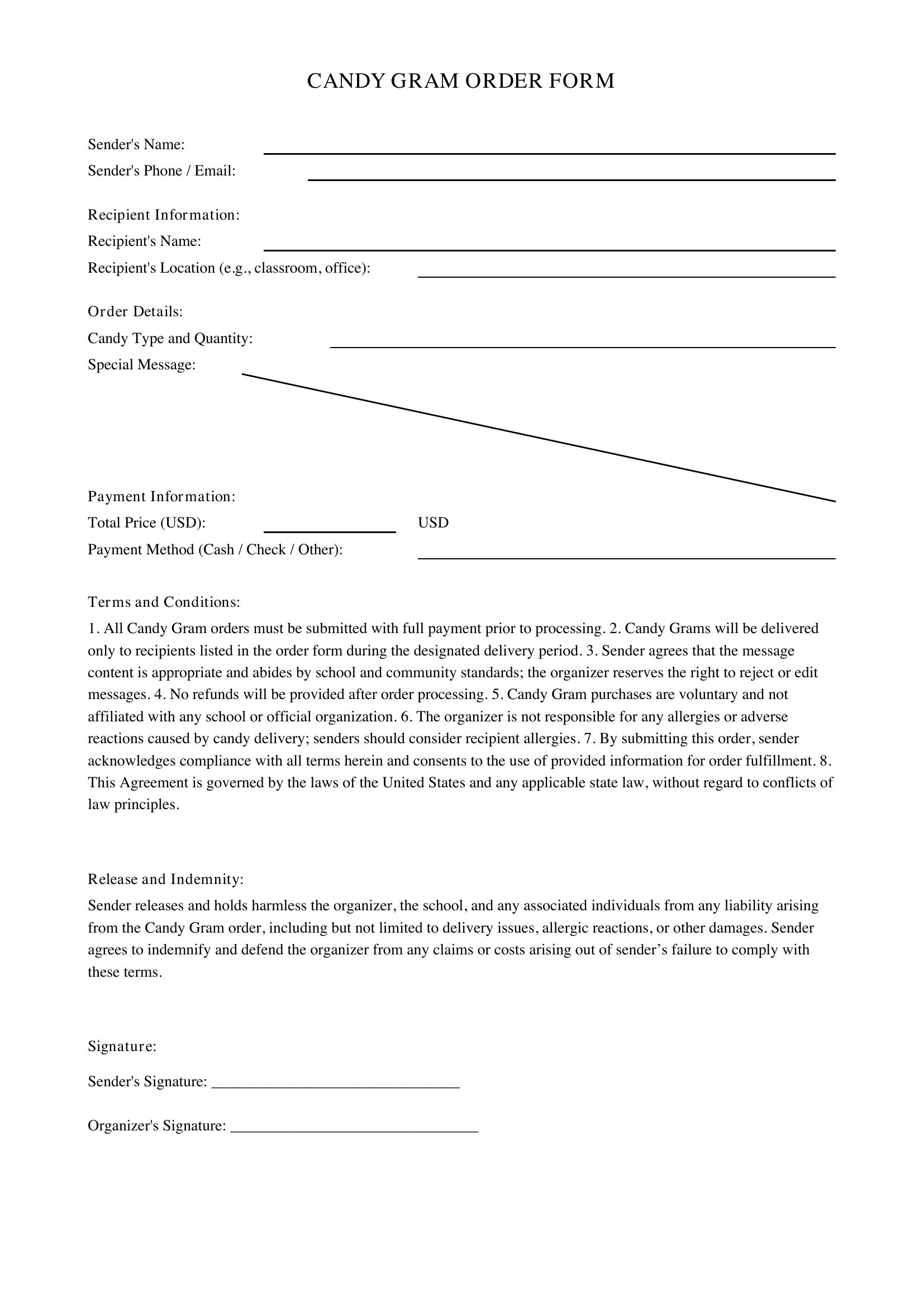 Candy Gram Order Form Template - US