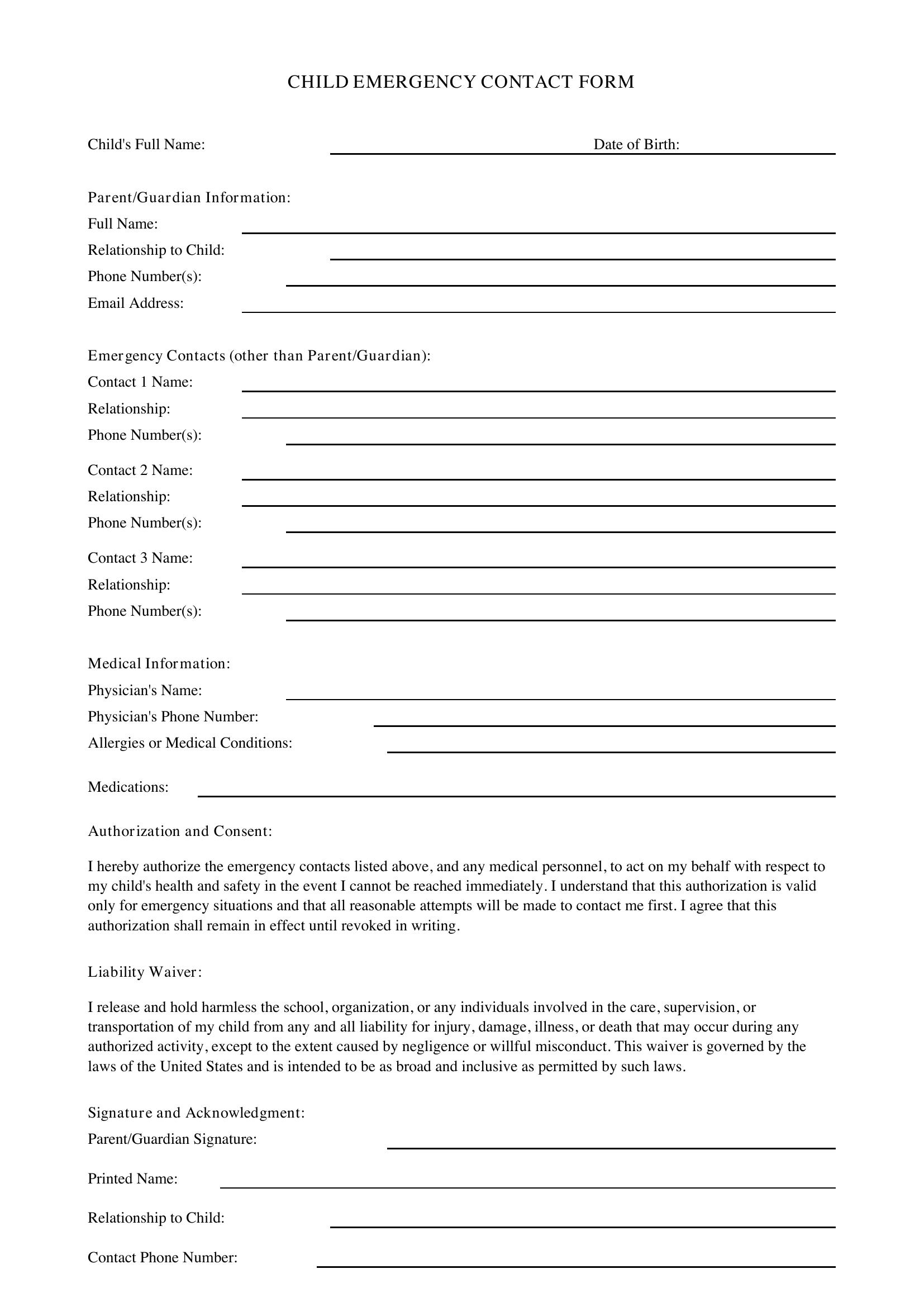 Child Emergency Contact Form Template - US