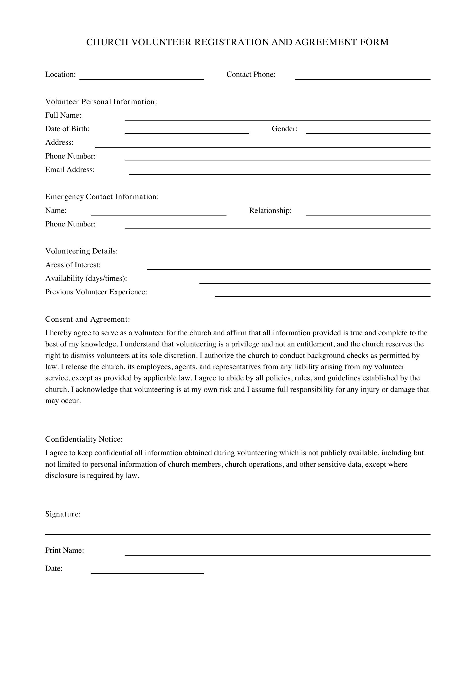 Church Volunteer Form Template - US