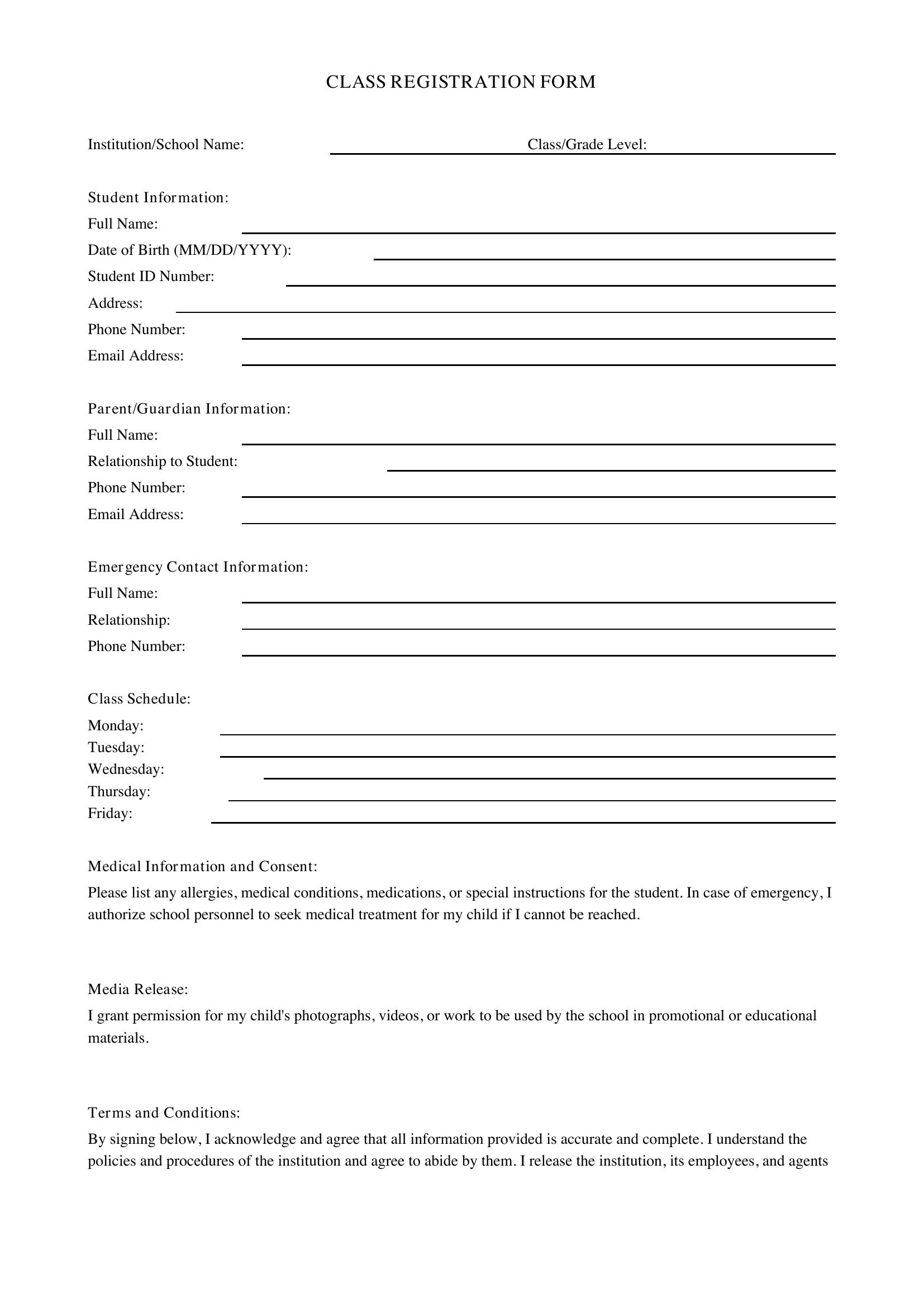 Class Registration Form Template - US