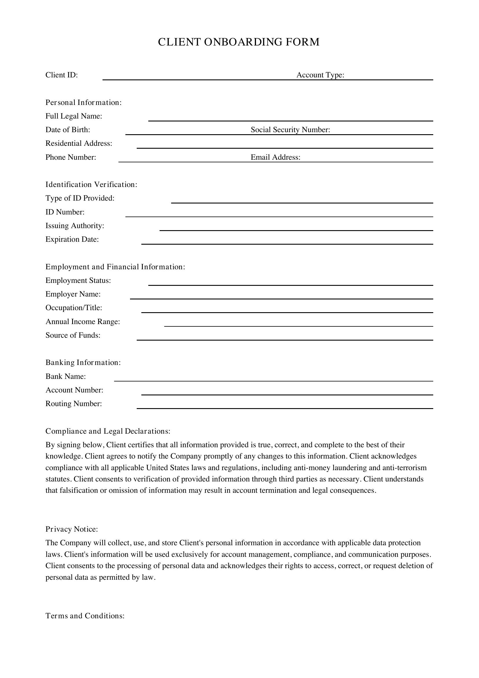 Client Onboarding Form Template - US