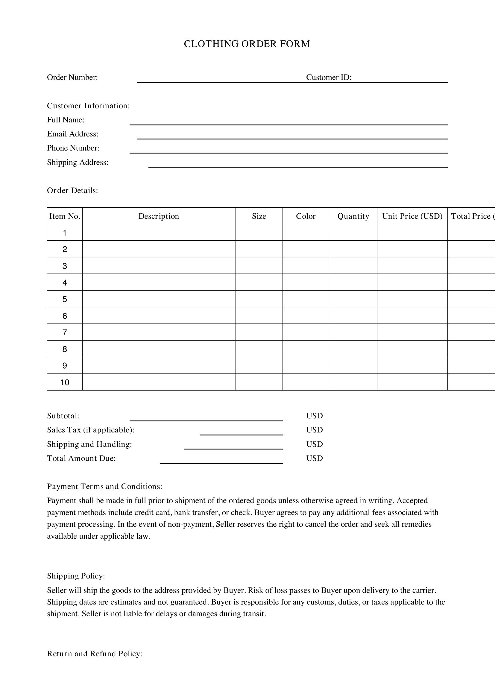 Clothing Order Form Template - US