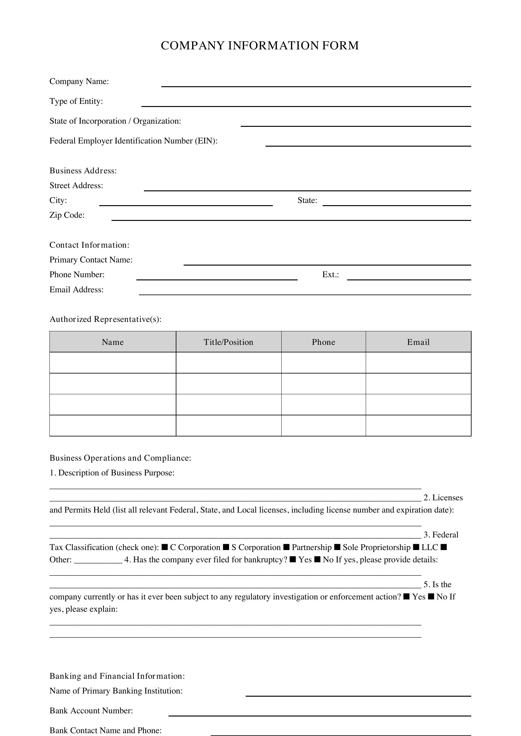 Company Information Form Template - US