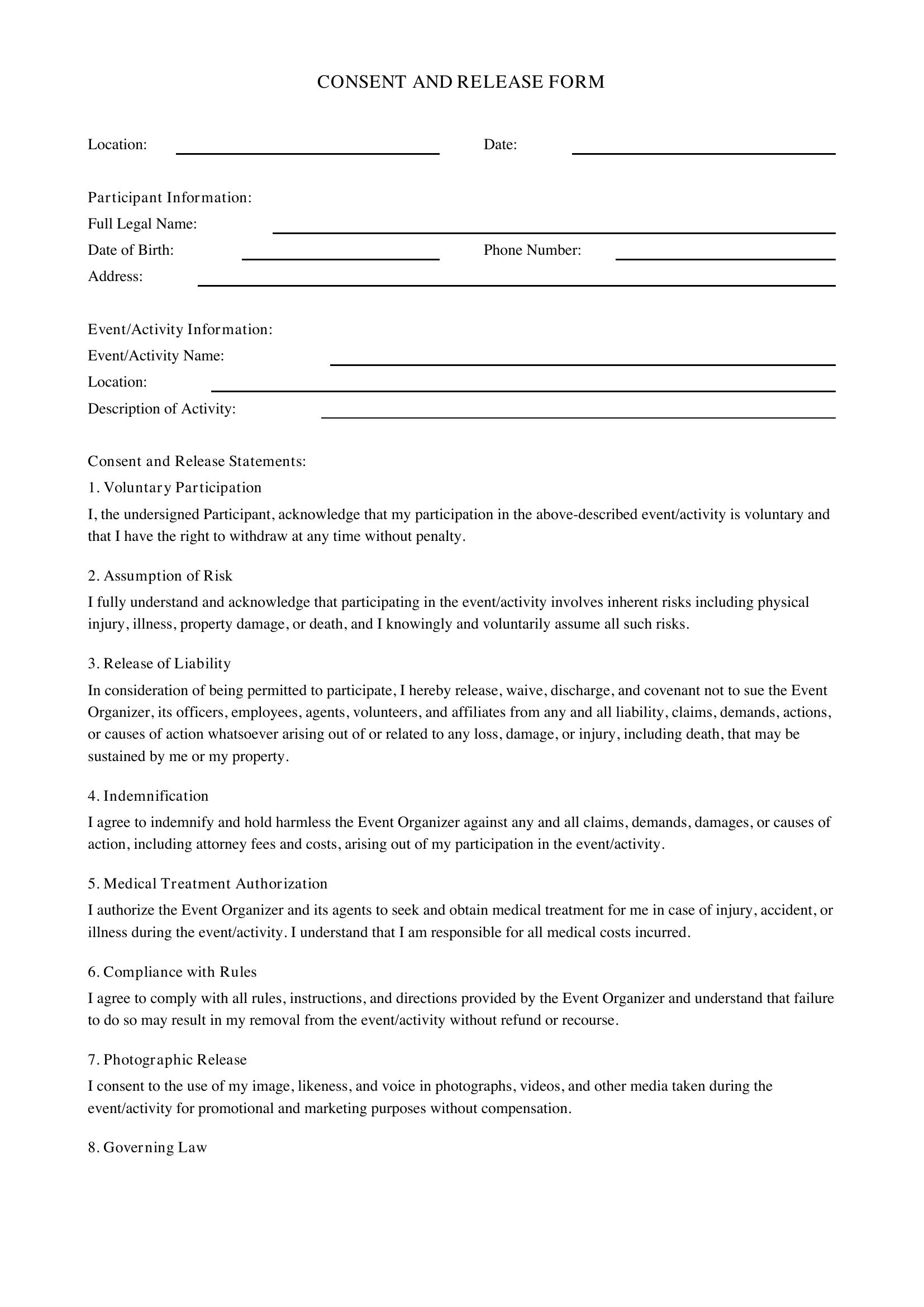 Consent And Release Form Template - US