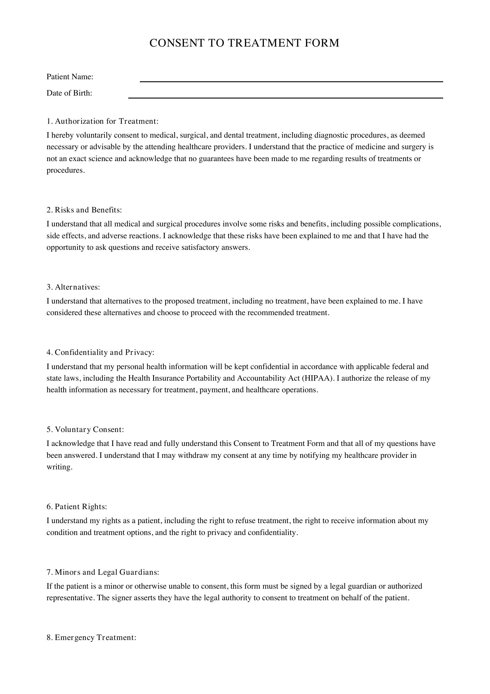 Consent To Treatment Form Template - US