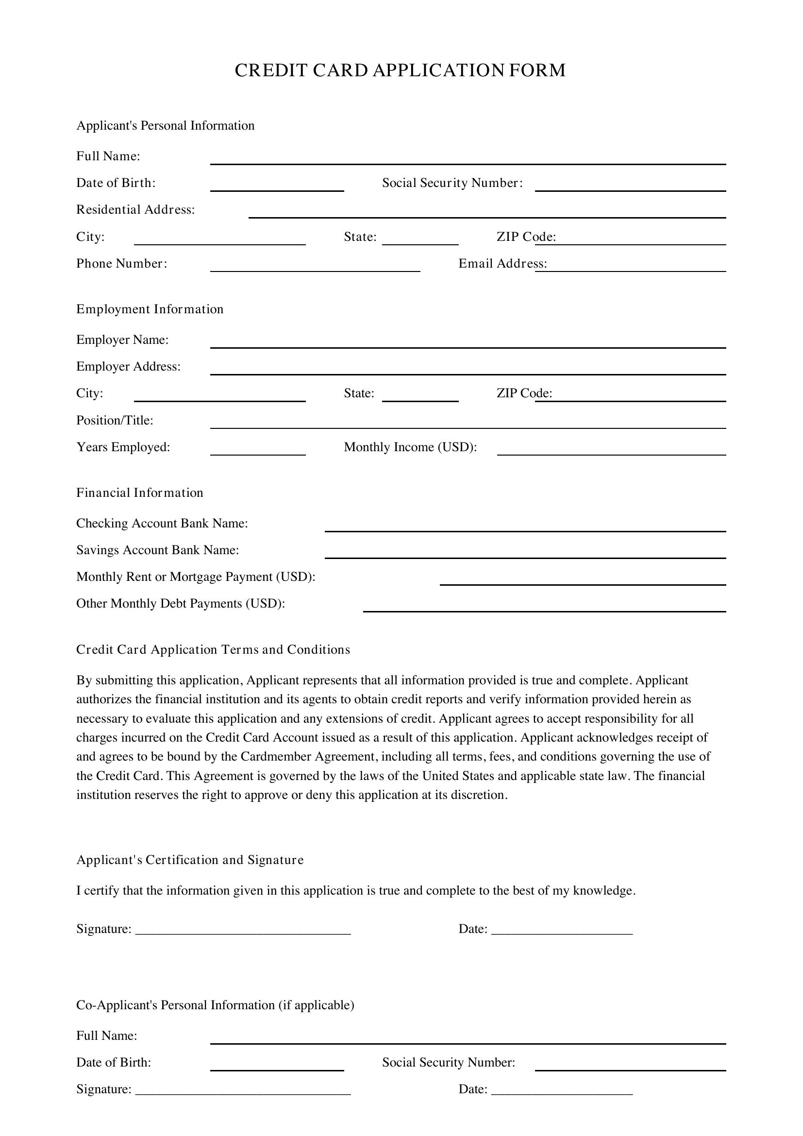 Credit Card Application Form Template - US