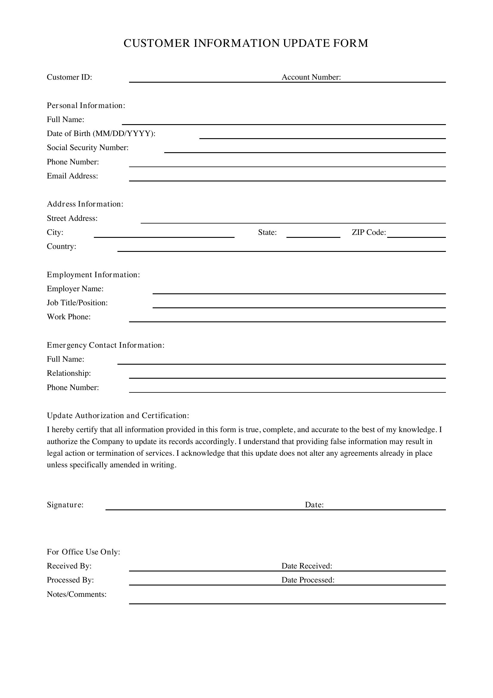 Customer Information Update Form Template - US