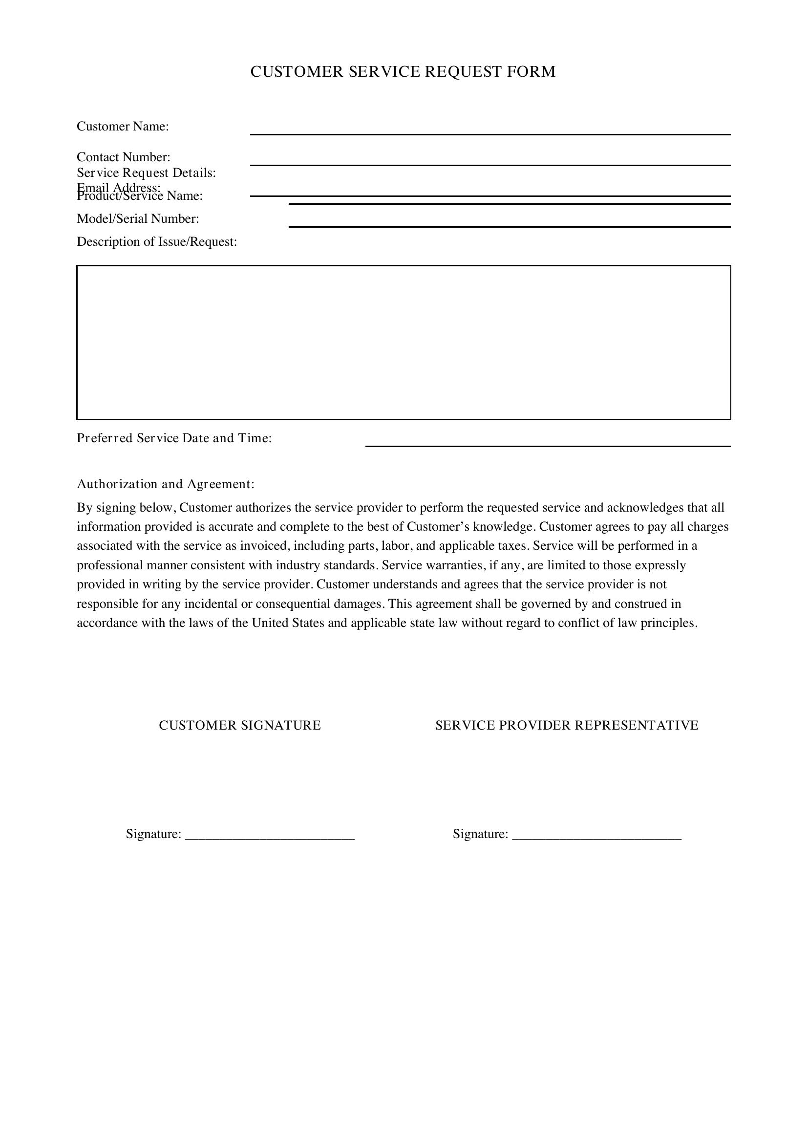 Customer Service Form Template - US