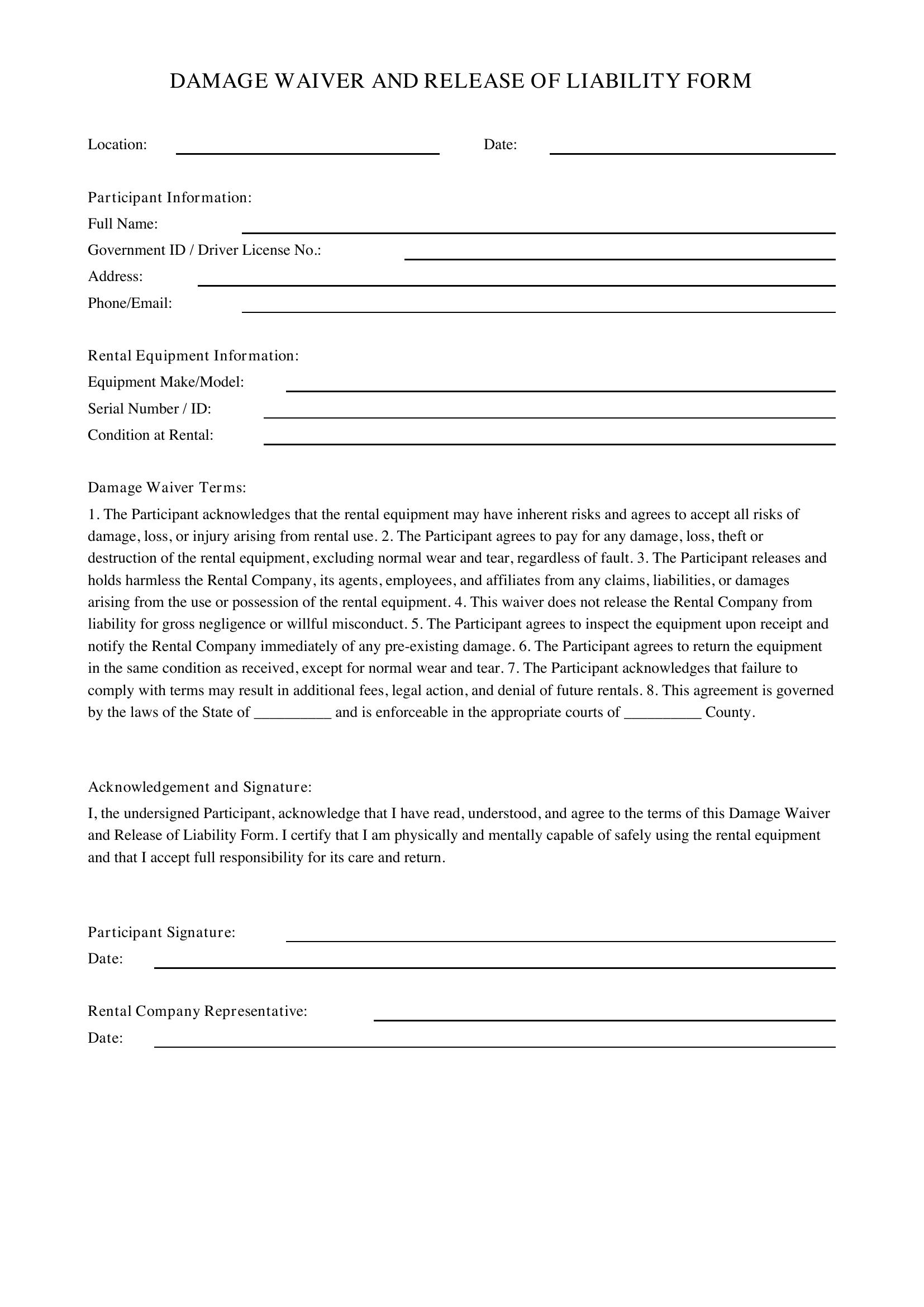 Damage Waiver Form Template - US