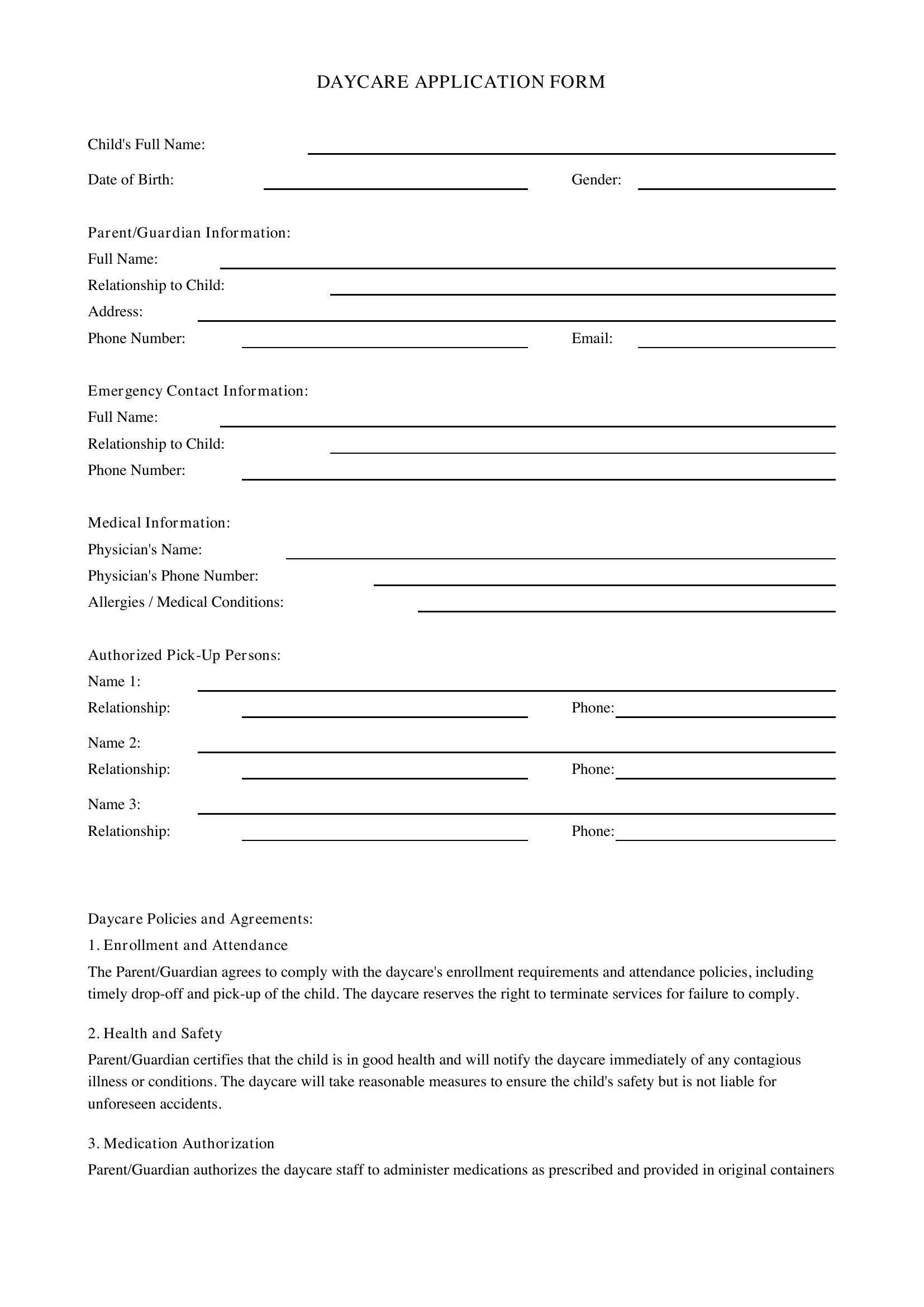 Daycare Application Form Template - US