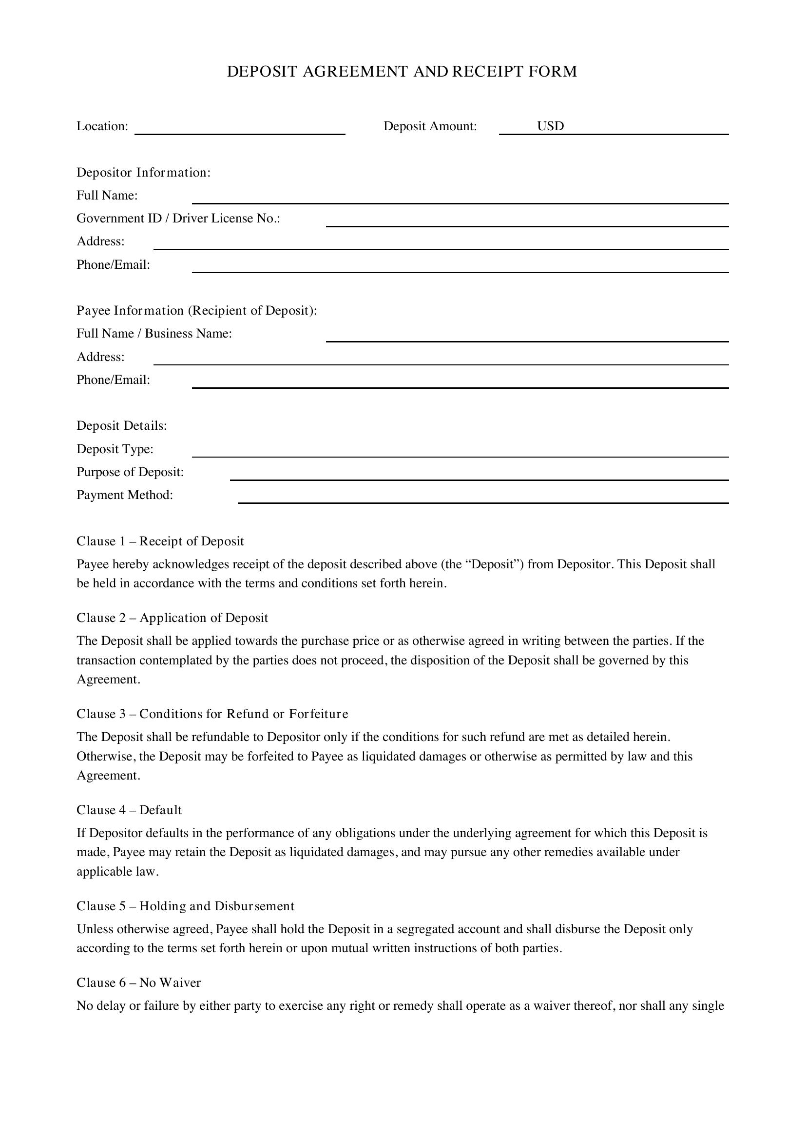Deposit Form Template - US