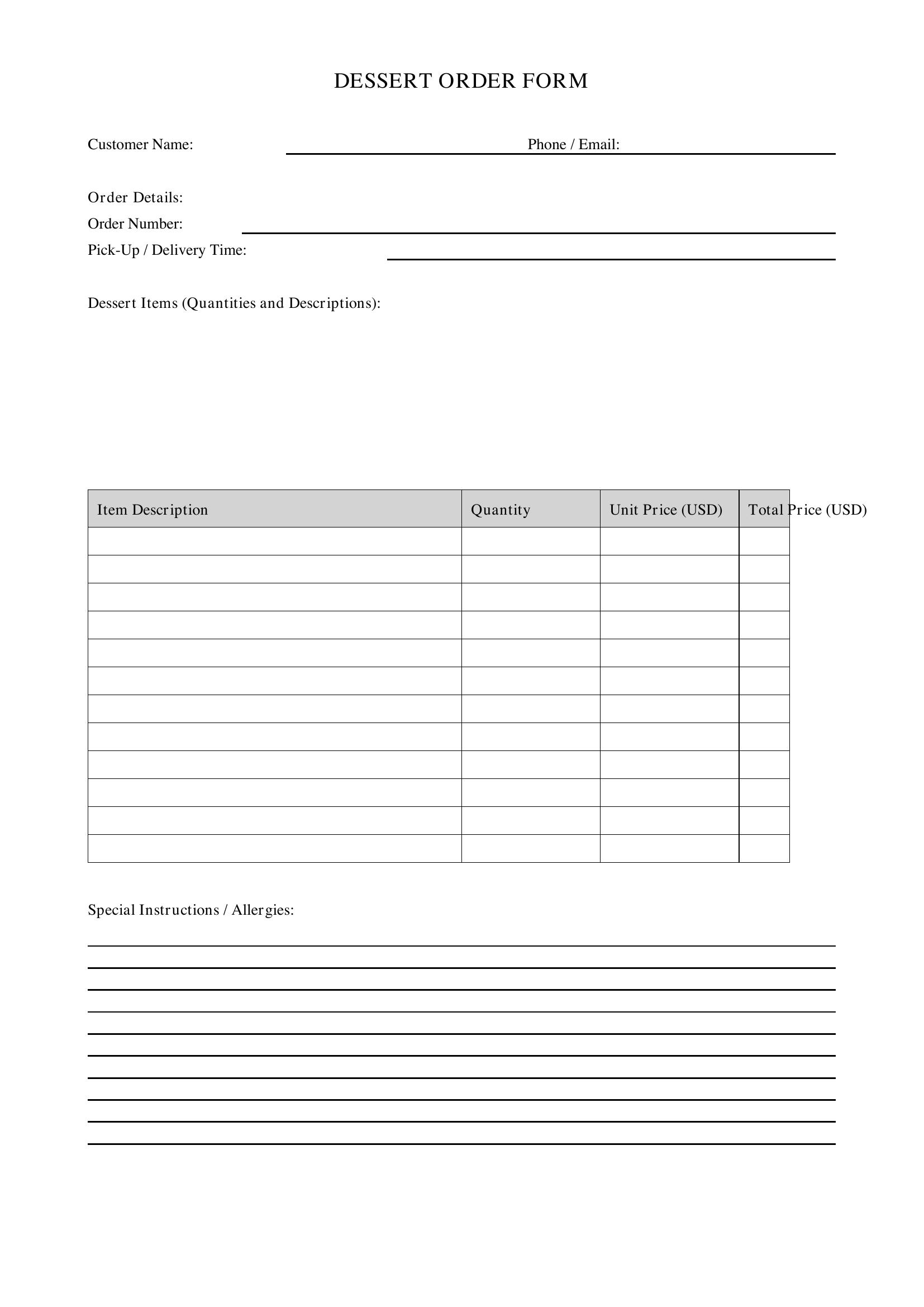 Dessert Order Form Template - US