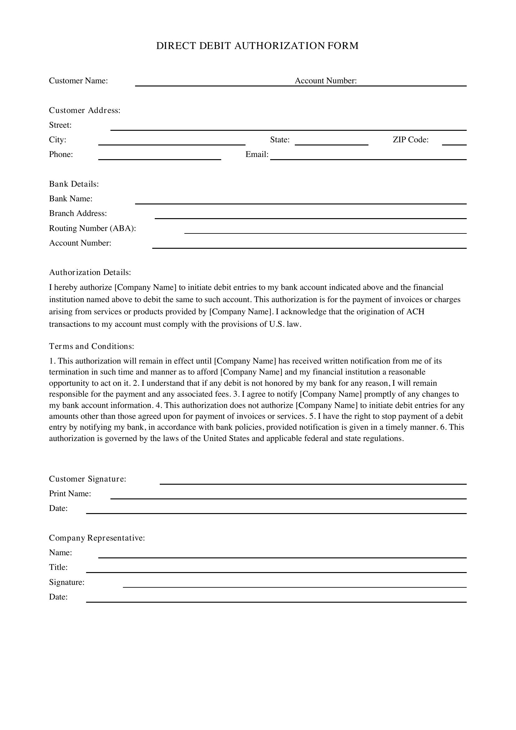 Direct Debit Form Template - US