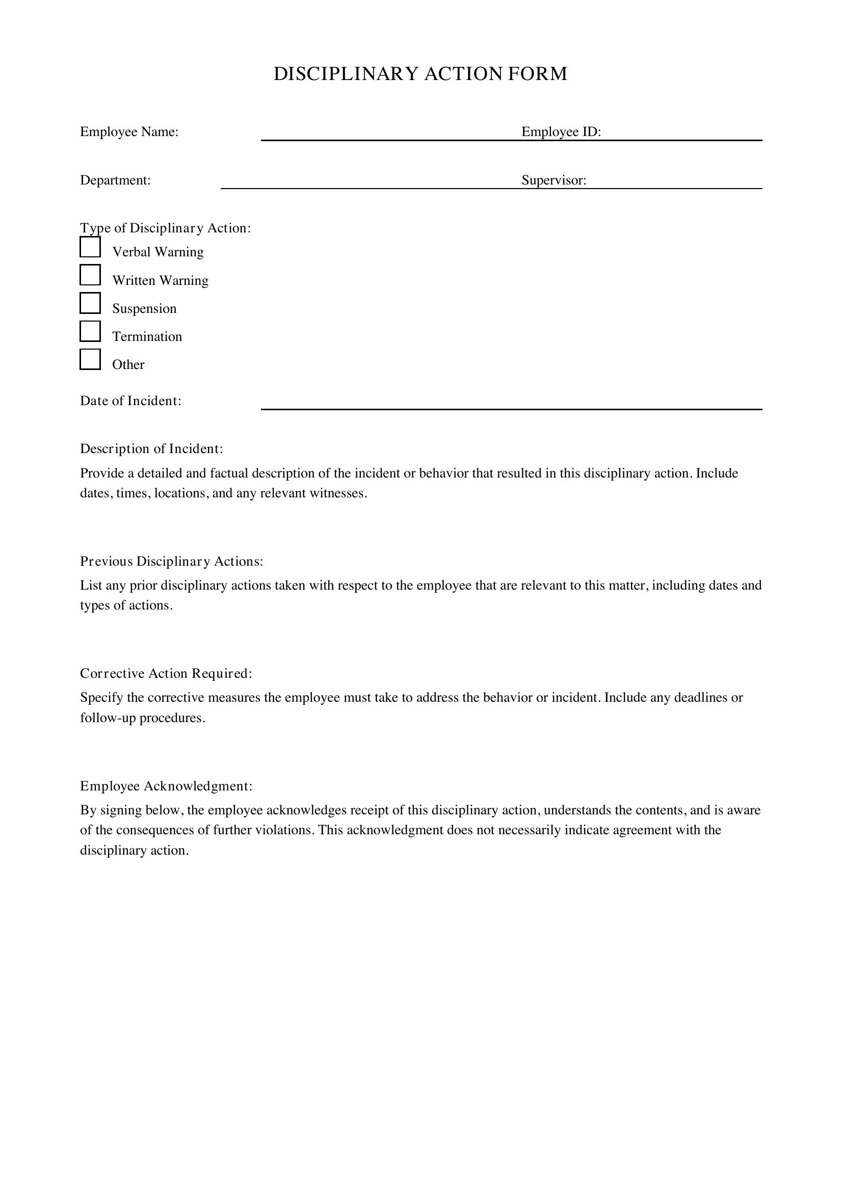 Disciplinary Action Form Template - US