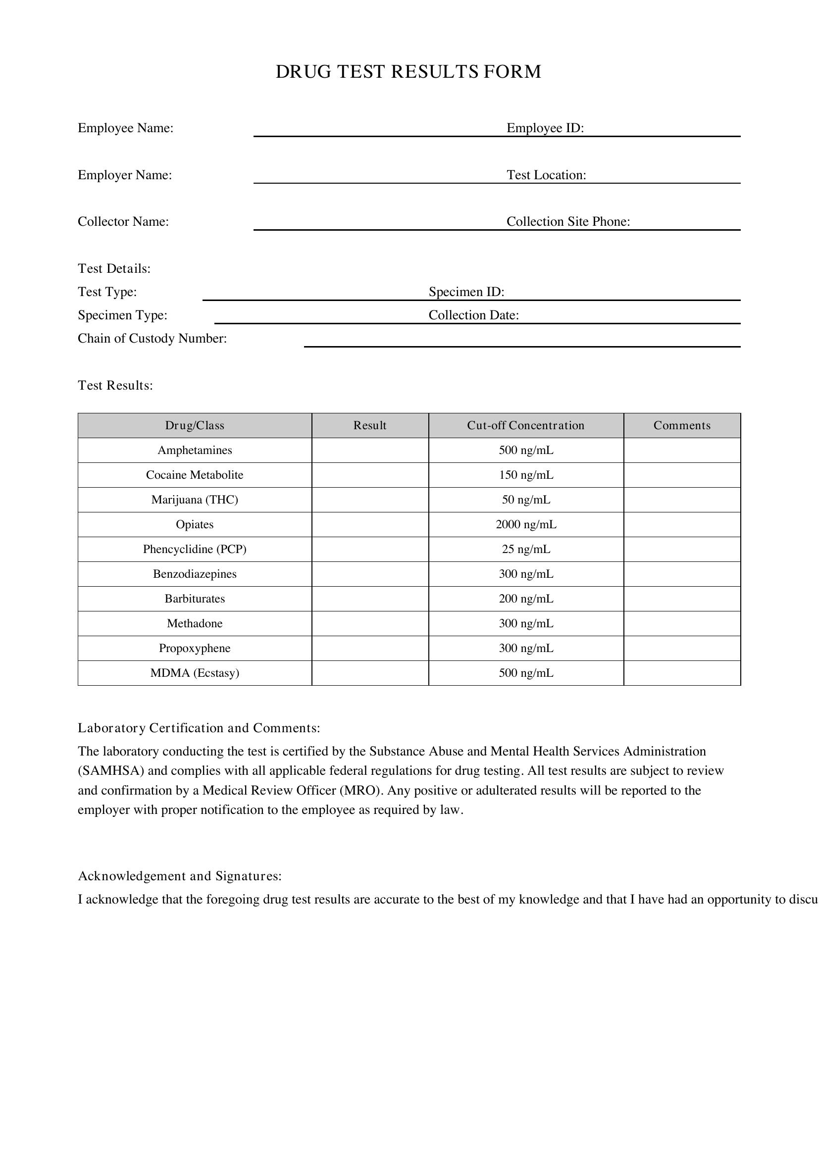 Drug Test Results Form Template - US