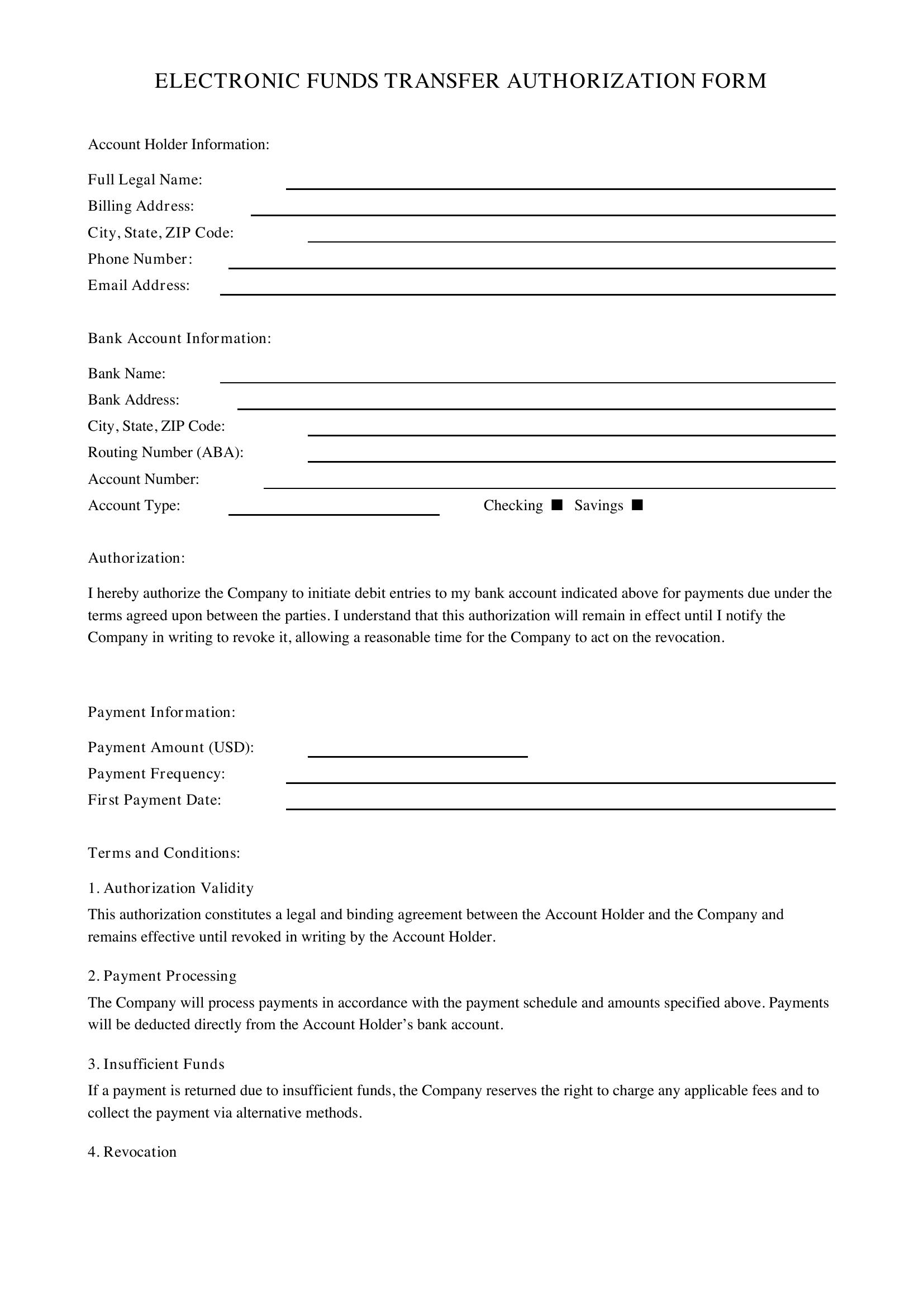 Electronic Funds Transfer Form Template - US