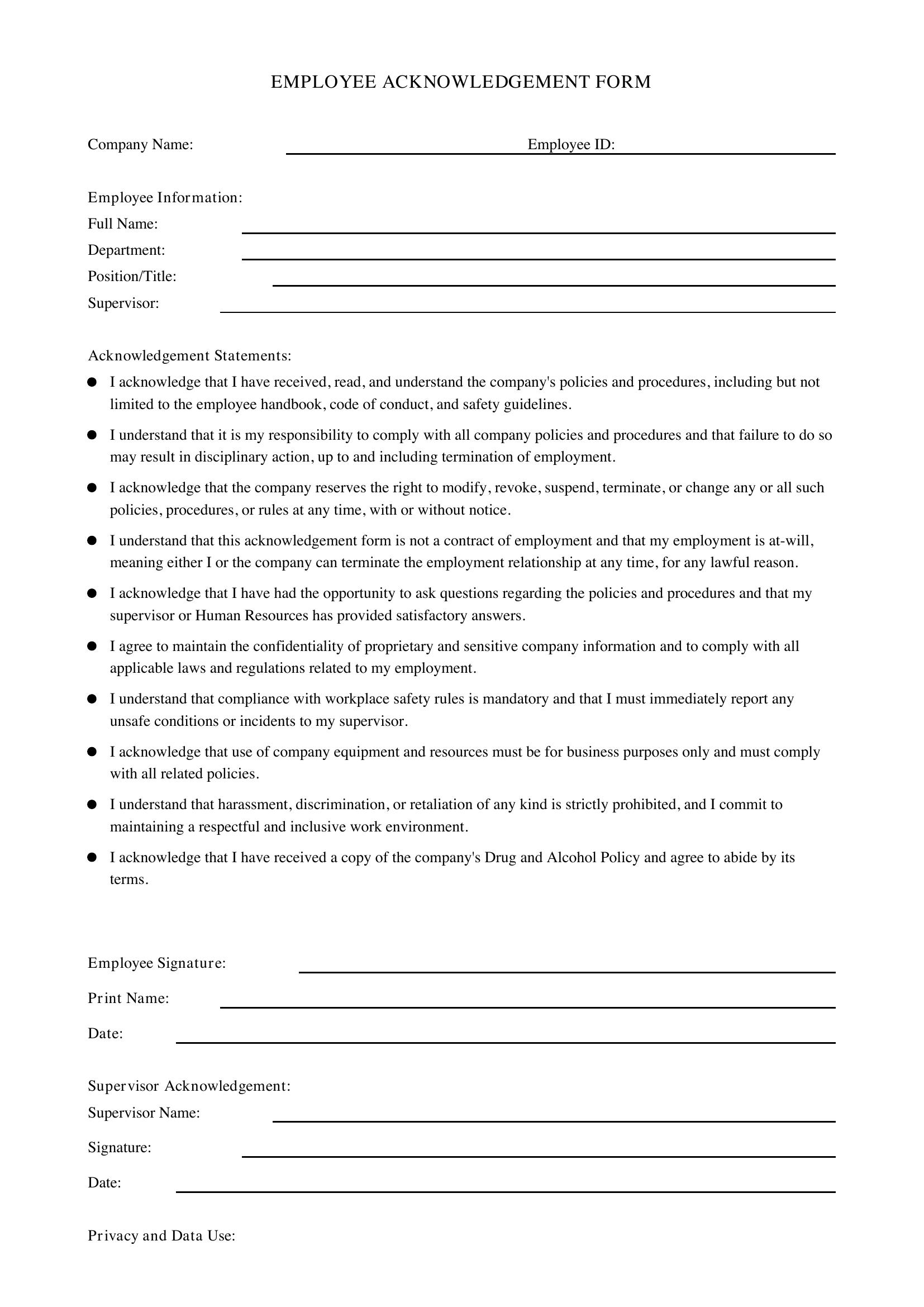 Employee Acknowledgement Form Template - US