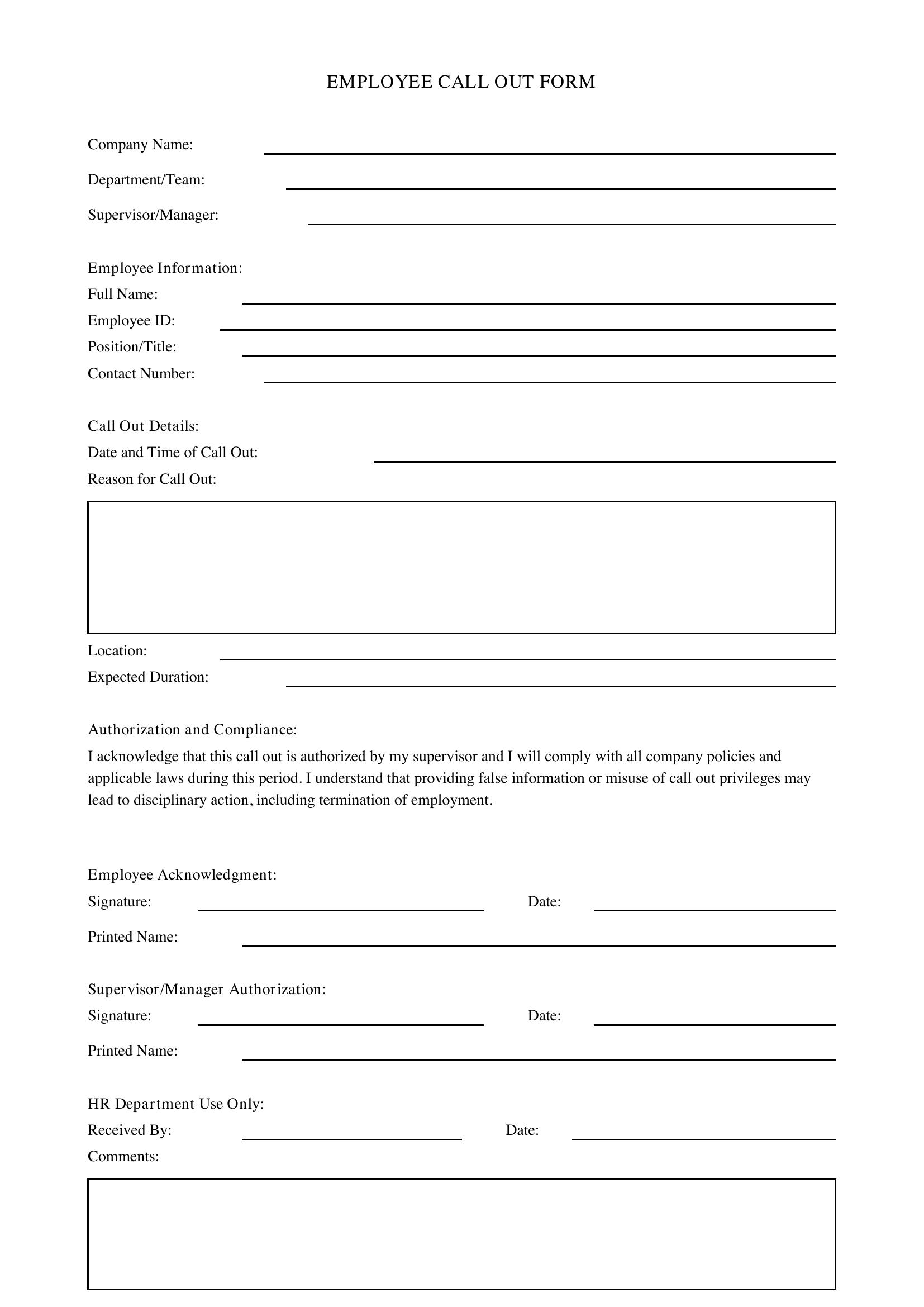 Employee Call Out Form Template - US