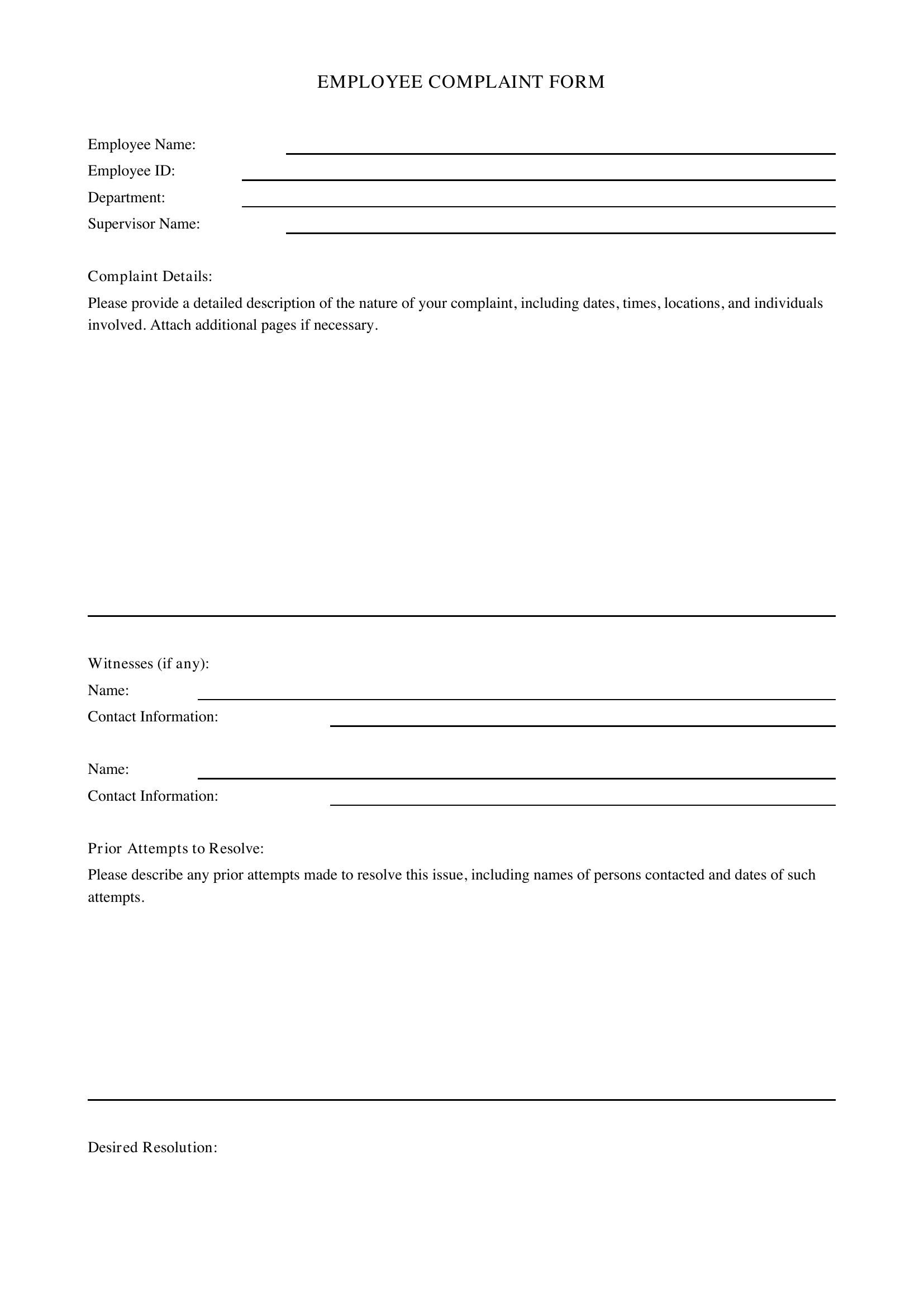 Employee Complaint Form Template - US