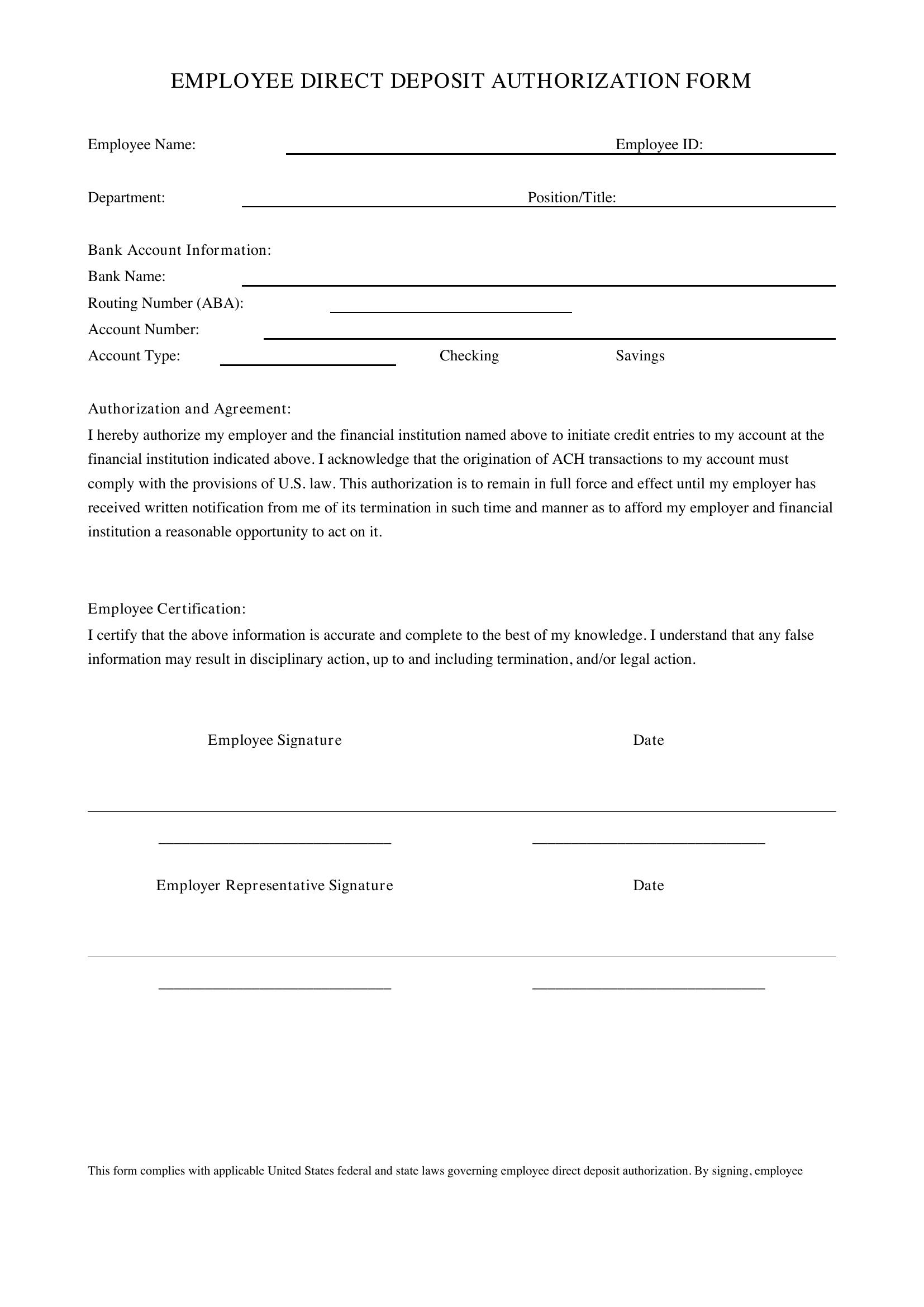 Employee Direct Deposit Form Template - US