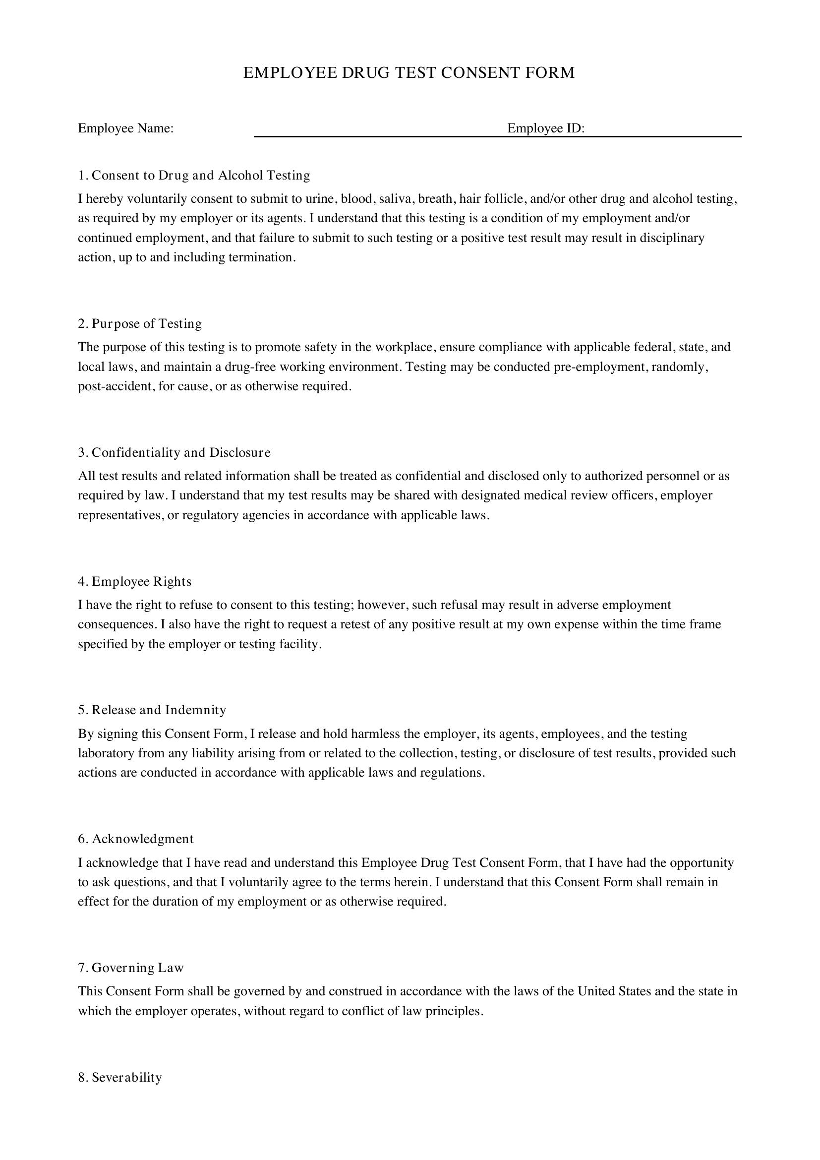 Employee Drug Test Consent Form Template - US