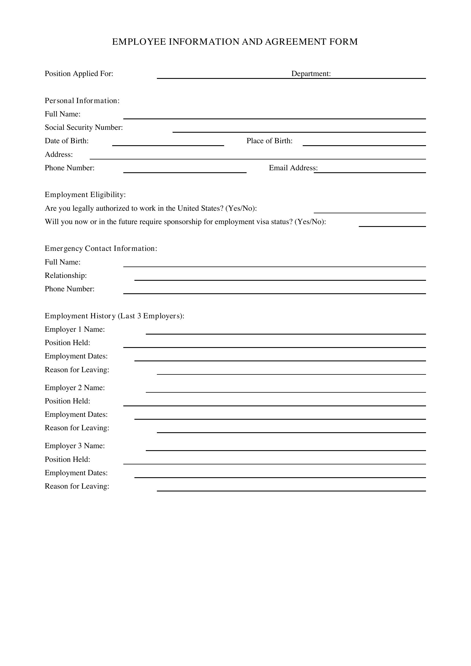 Employee Form Template - US