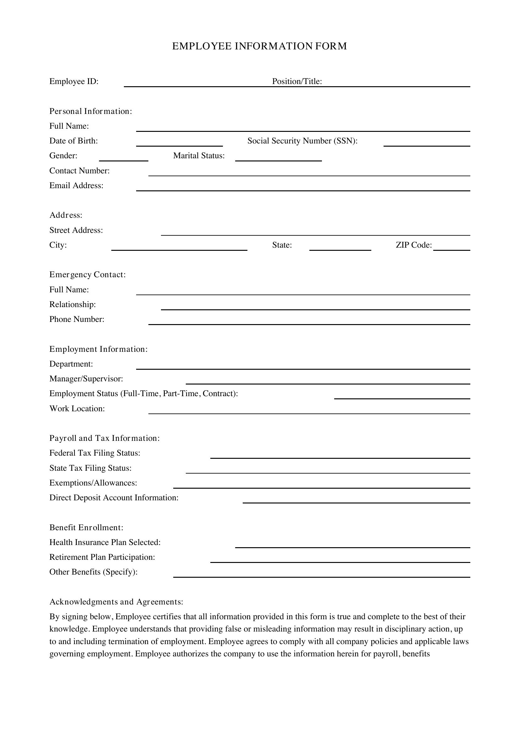 Employee Information Form Template - US
