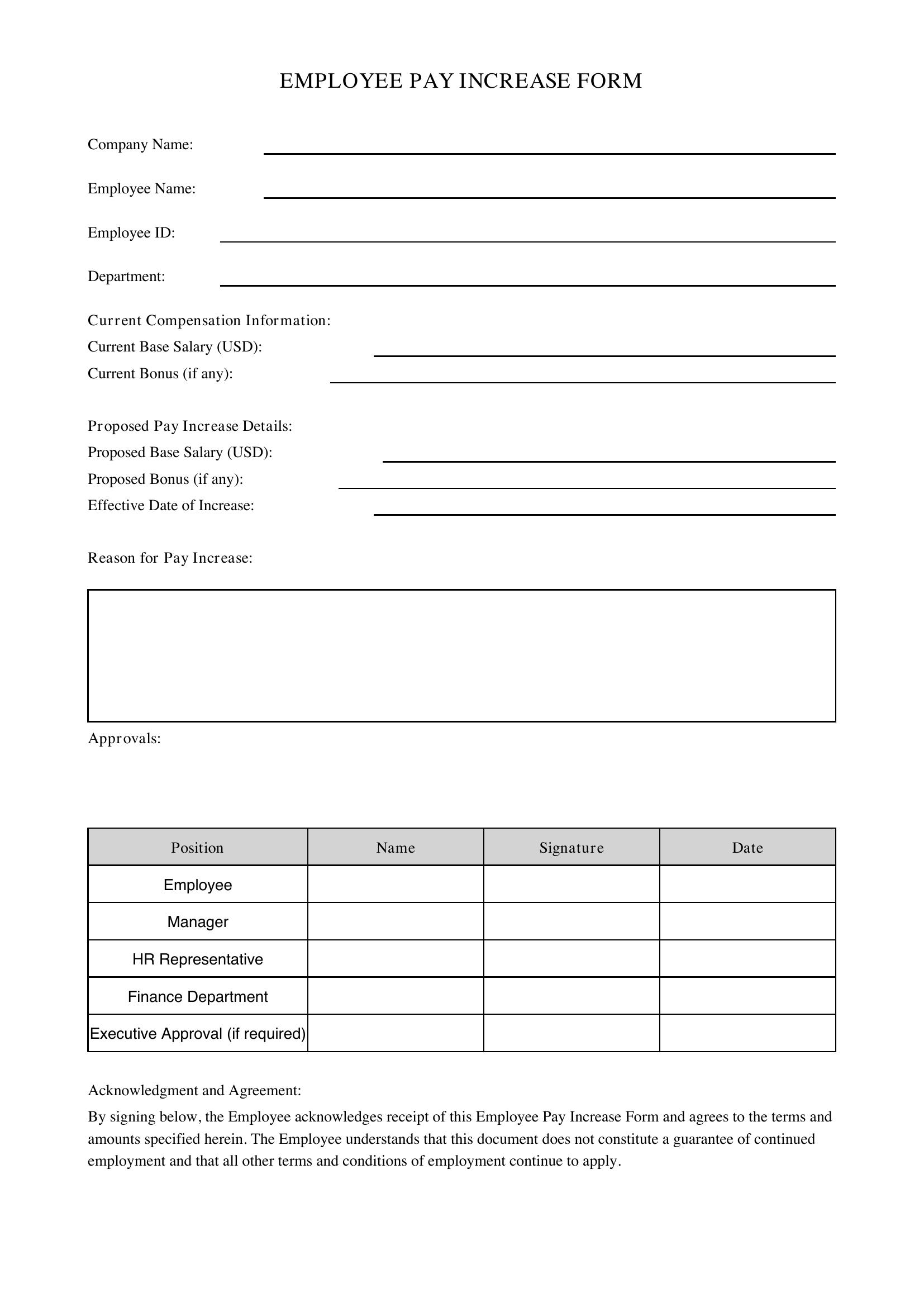Employee Pay Increase Form Template - US