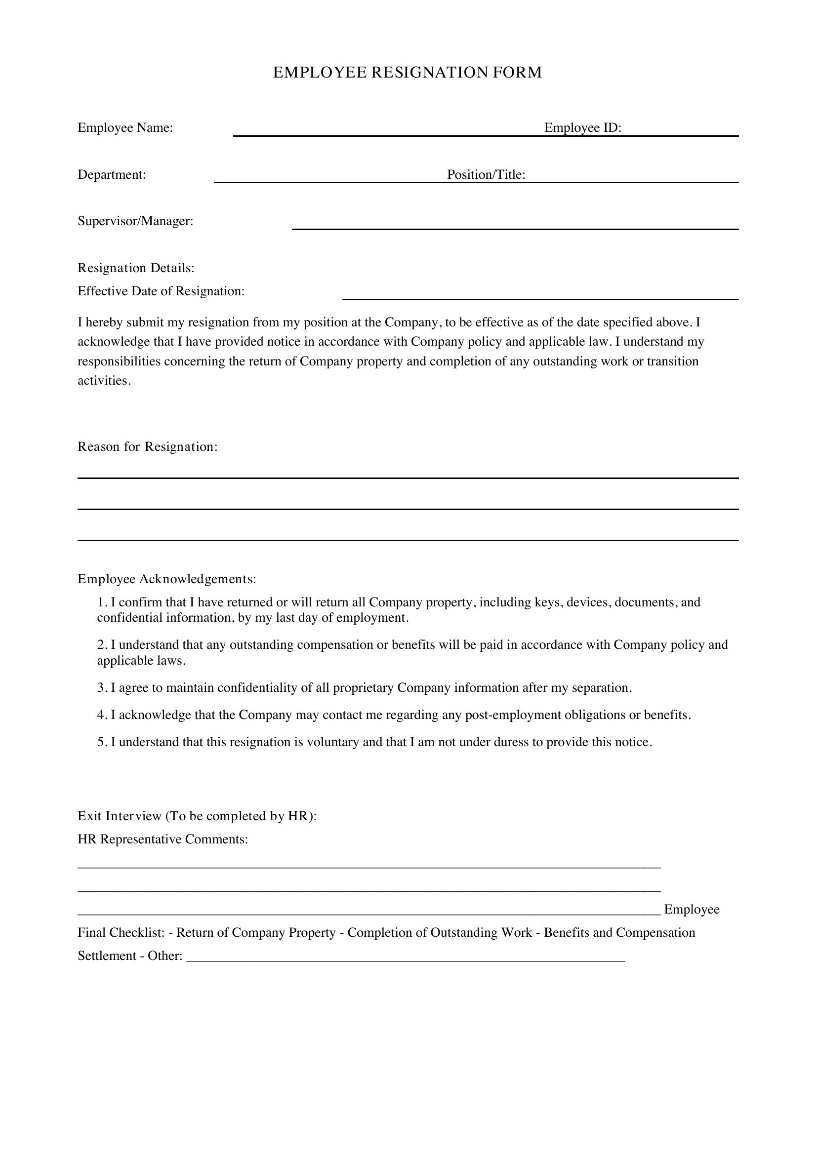 Employee Resignation Form Template - US