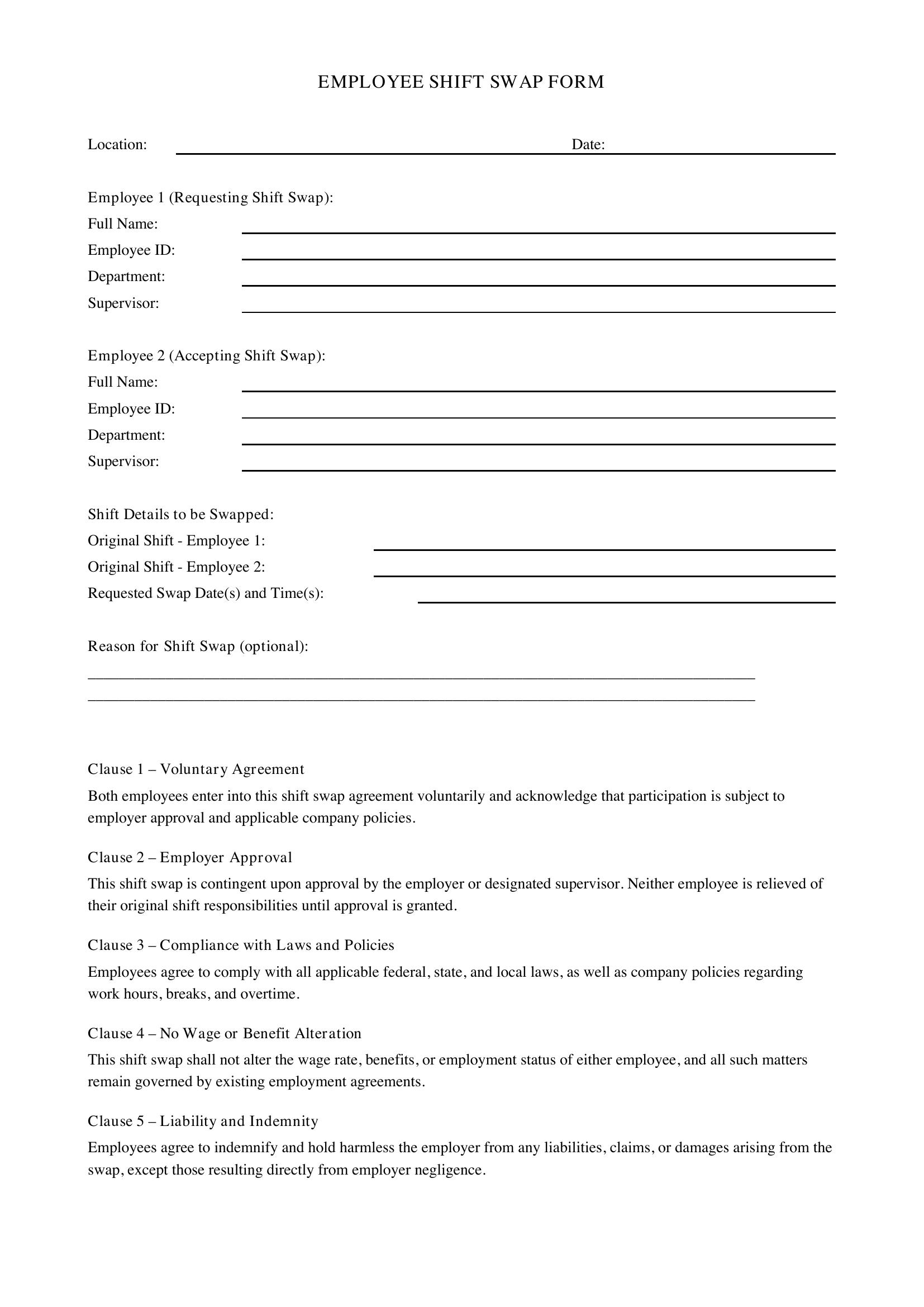 Employee Shift Swap Form Template - US