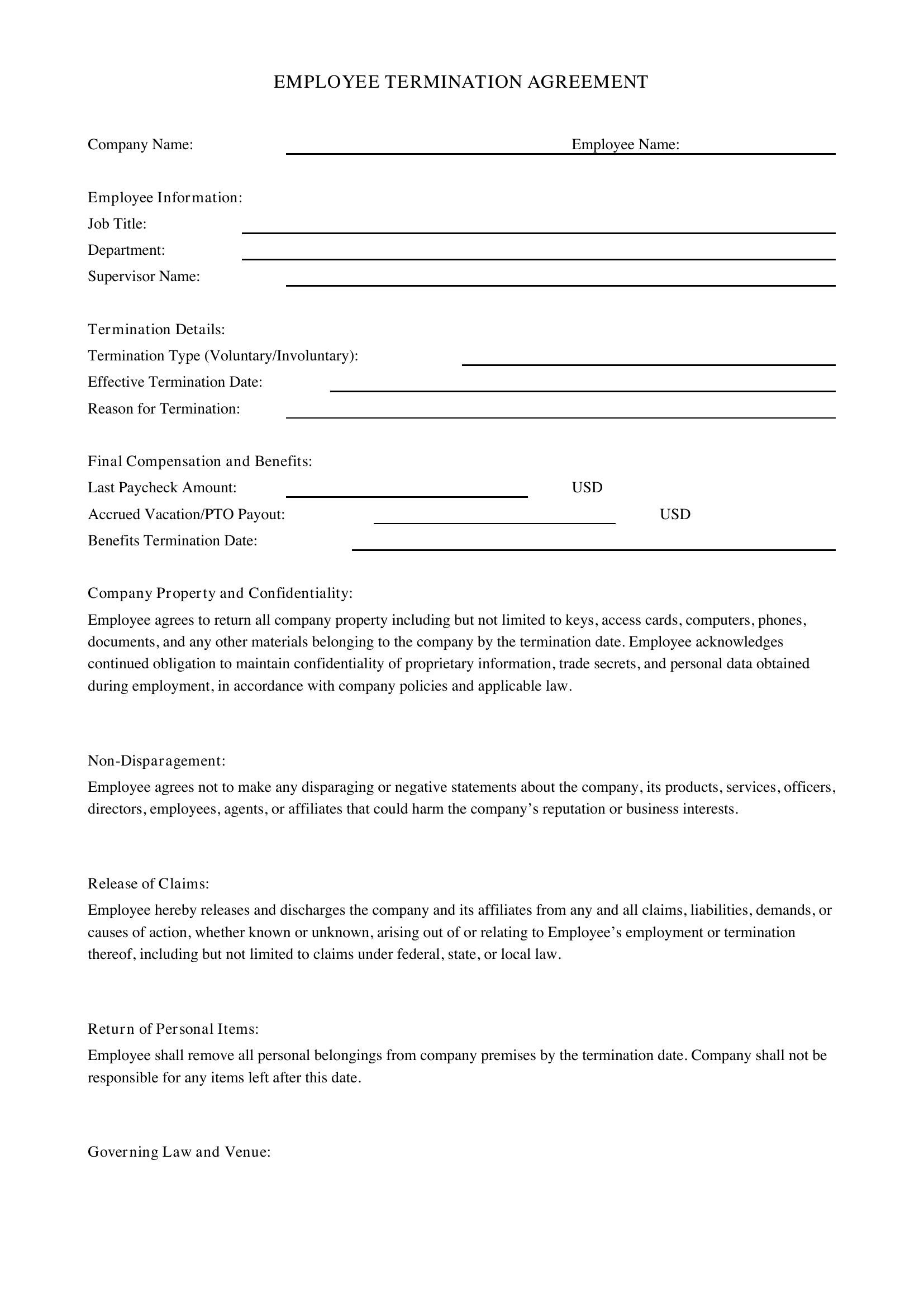 Employee Termination Form Template - US