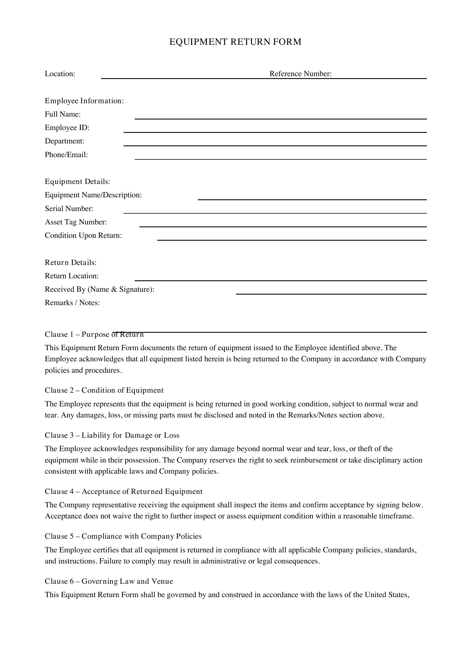 Equipment Return Form Template - US