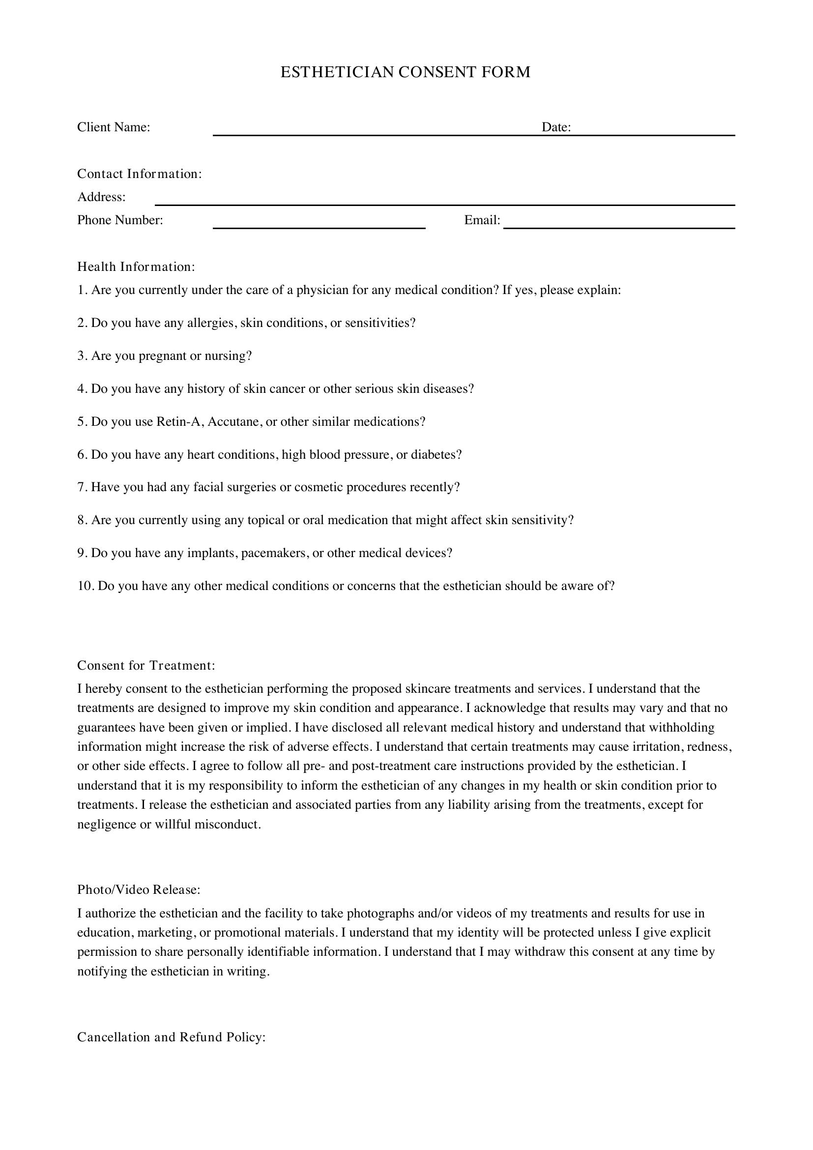 Esthetician Consent Form Template - US