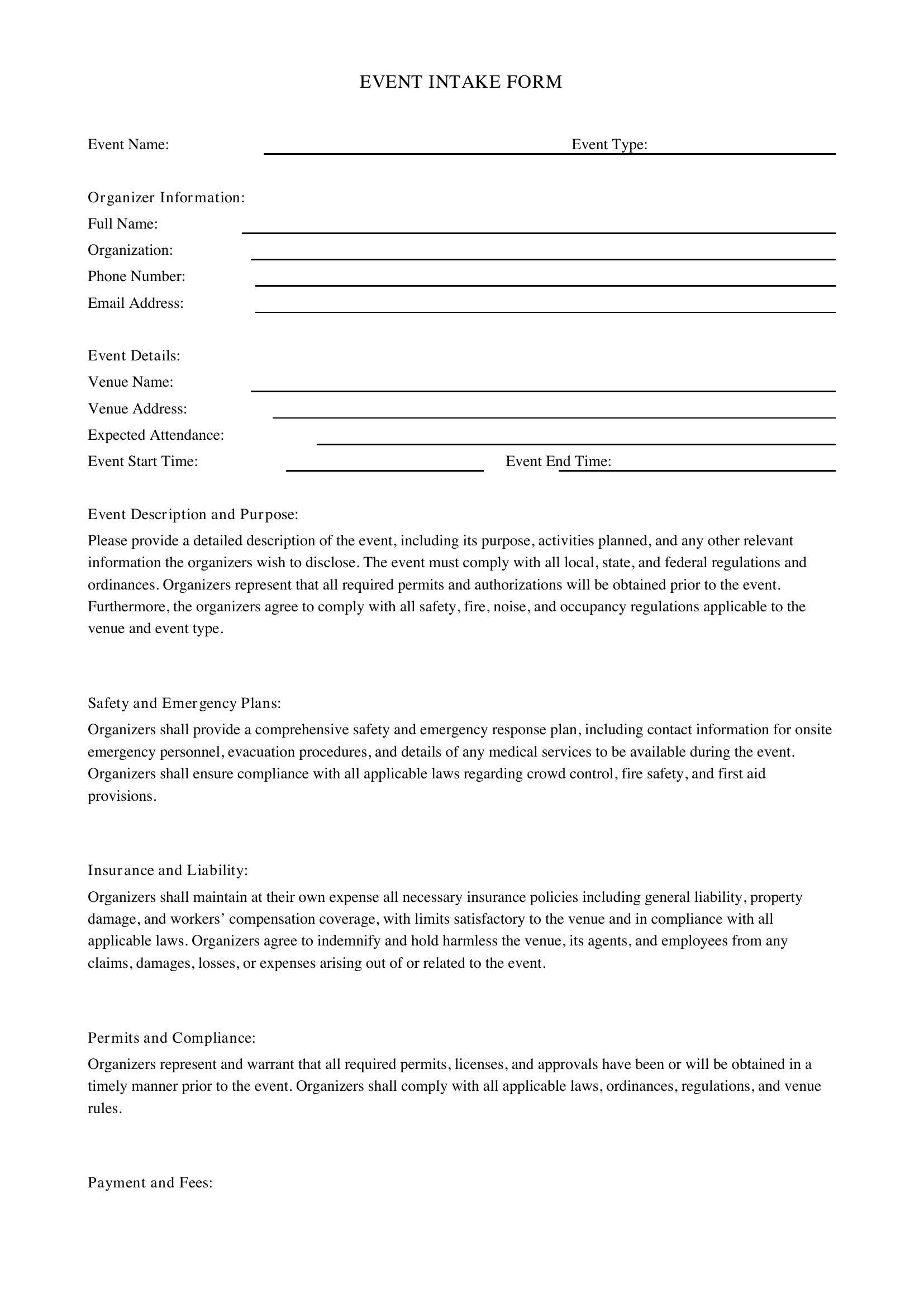 Event Intake Form Template - US