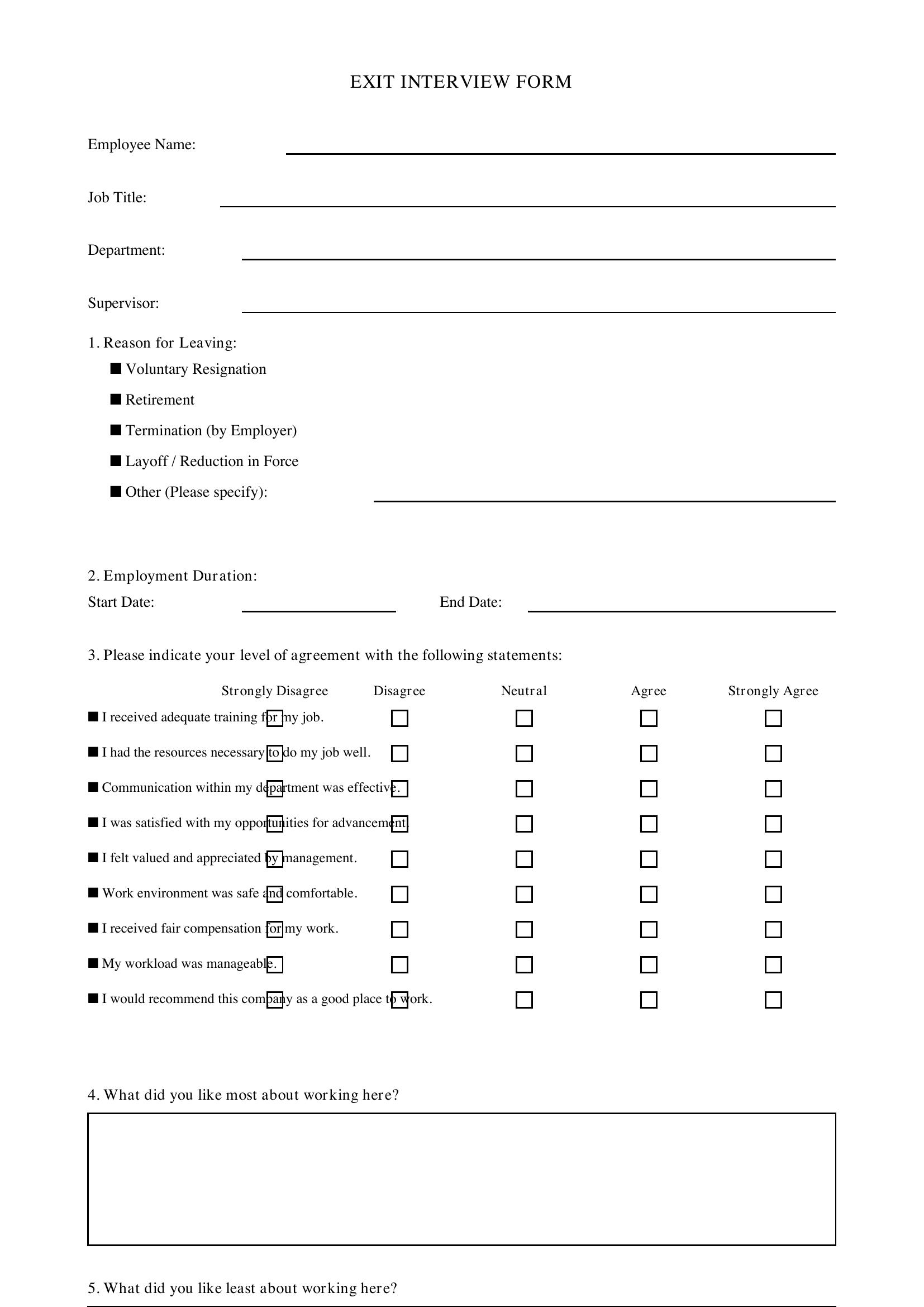 Exit Interview Form Template - US