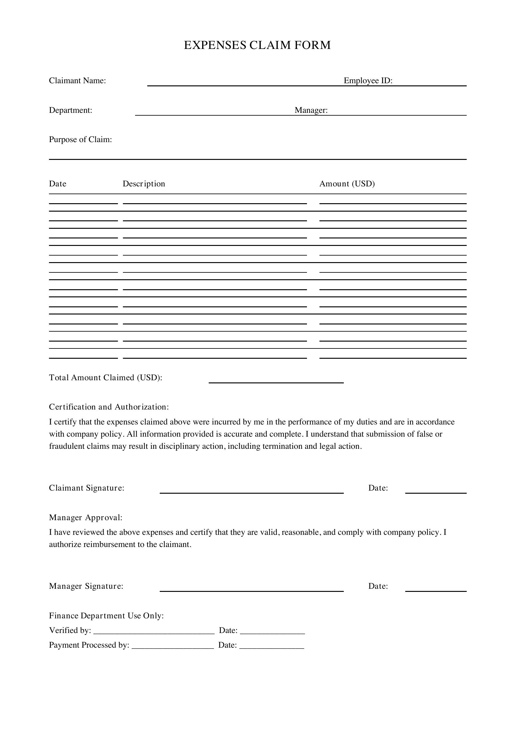 Expenses Claim Form Template - US