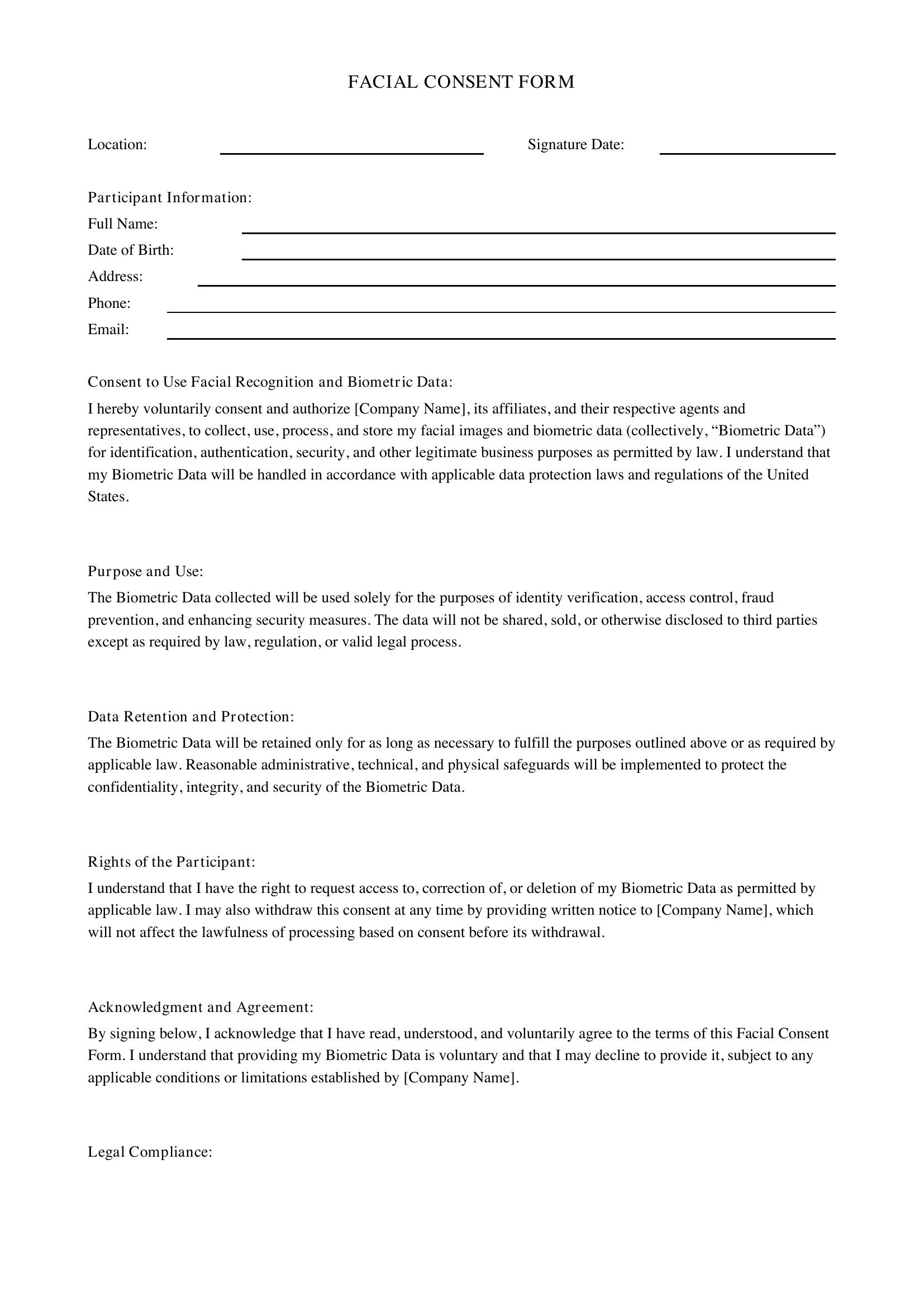 Facial Consent Form Template - US