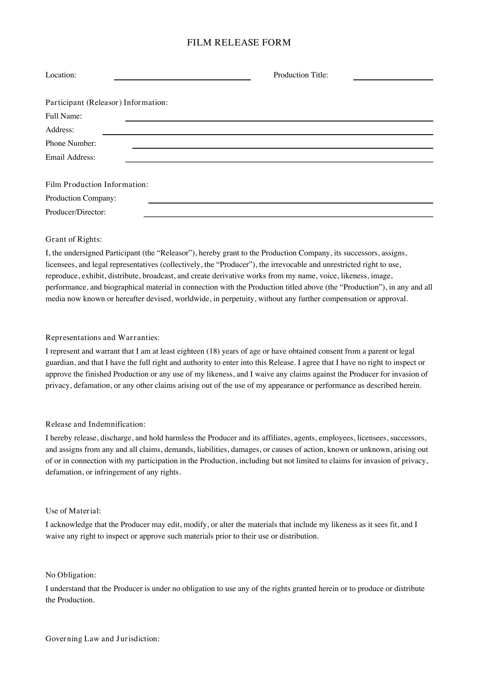Film Release Form Template - US